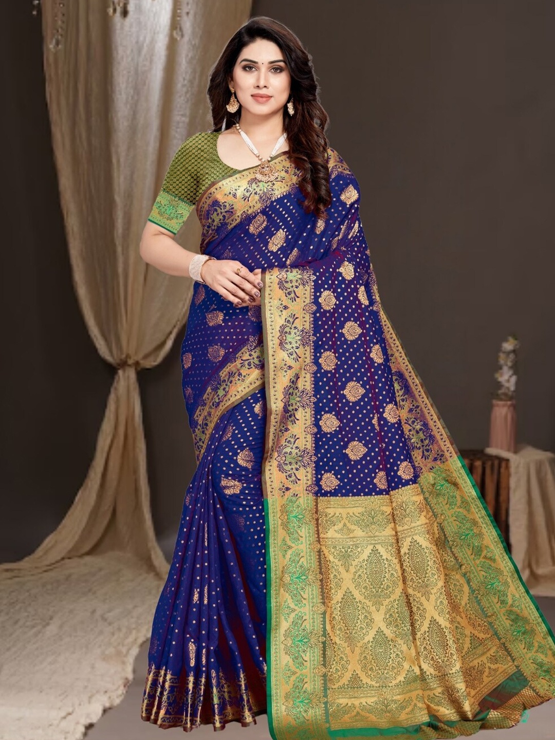 

MAGMINA Blue & Gold-Toned Floral Patchwork Art Silk Kanjeevaram Saree