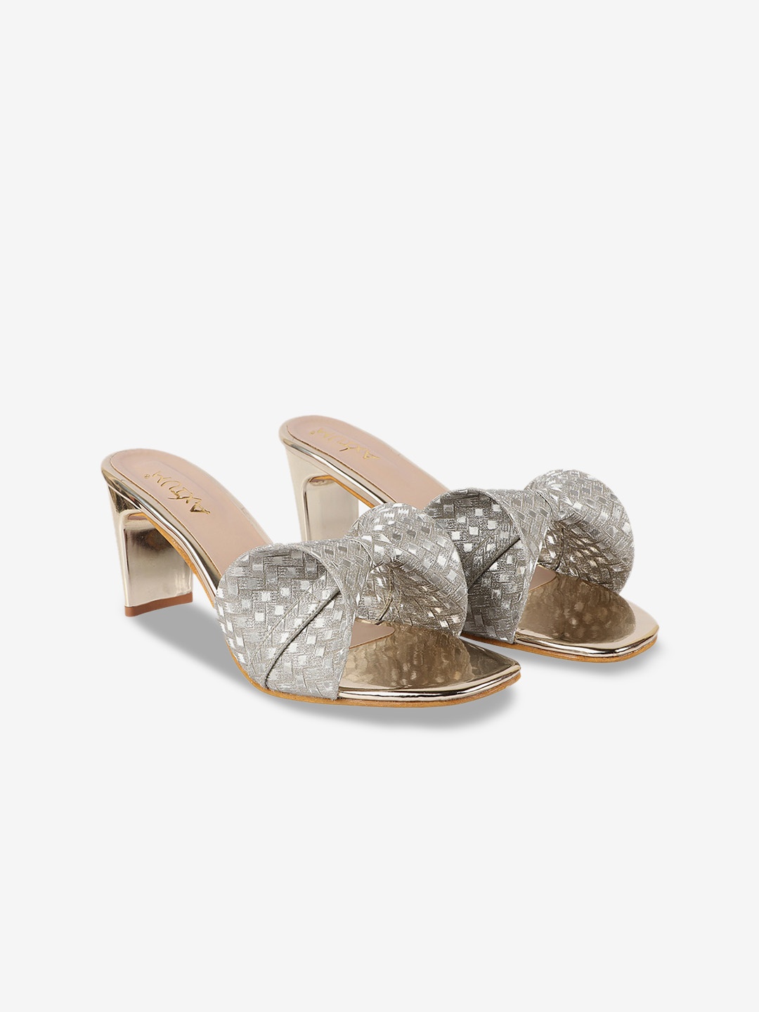 

AXIUM Textured Open Toe Block Heels With Bows, Silver