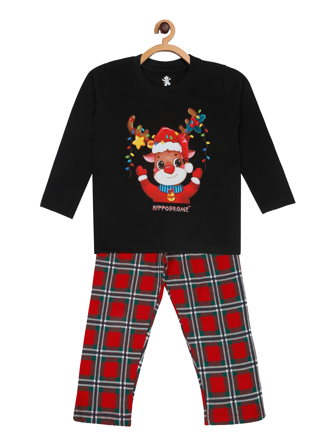 

Hippodrome Kids Cheerful Santa Graphic Printed Pure Cotton T-Shirt & Lounge Pant, Black