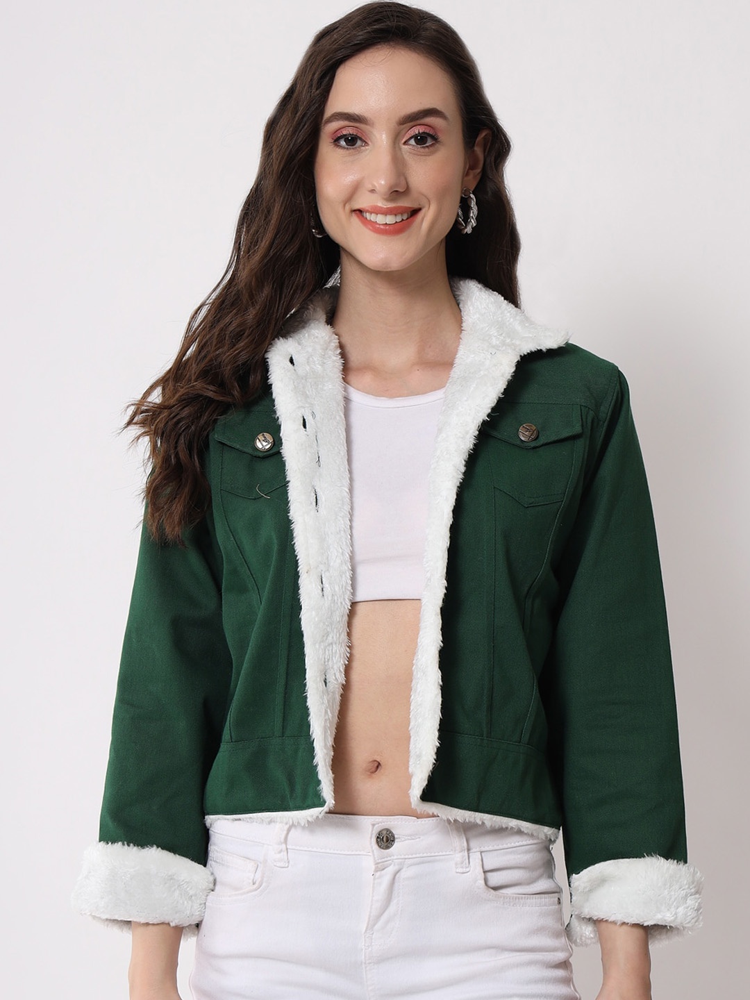 

Funday Fashion Spread Collar Faux Fur Trim Detailed Cotton Denim Jacket, Green