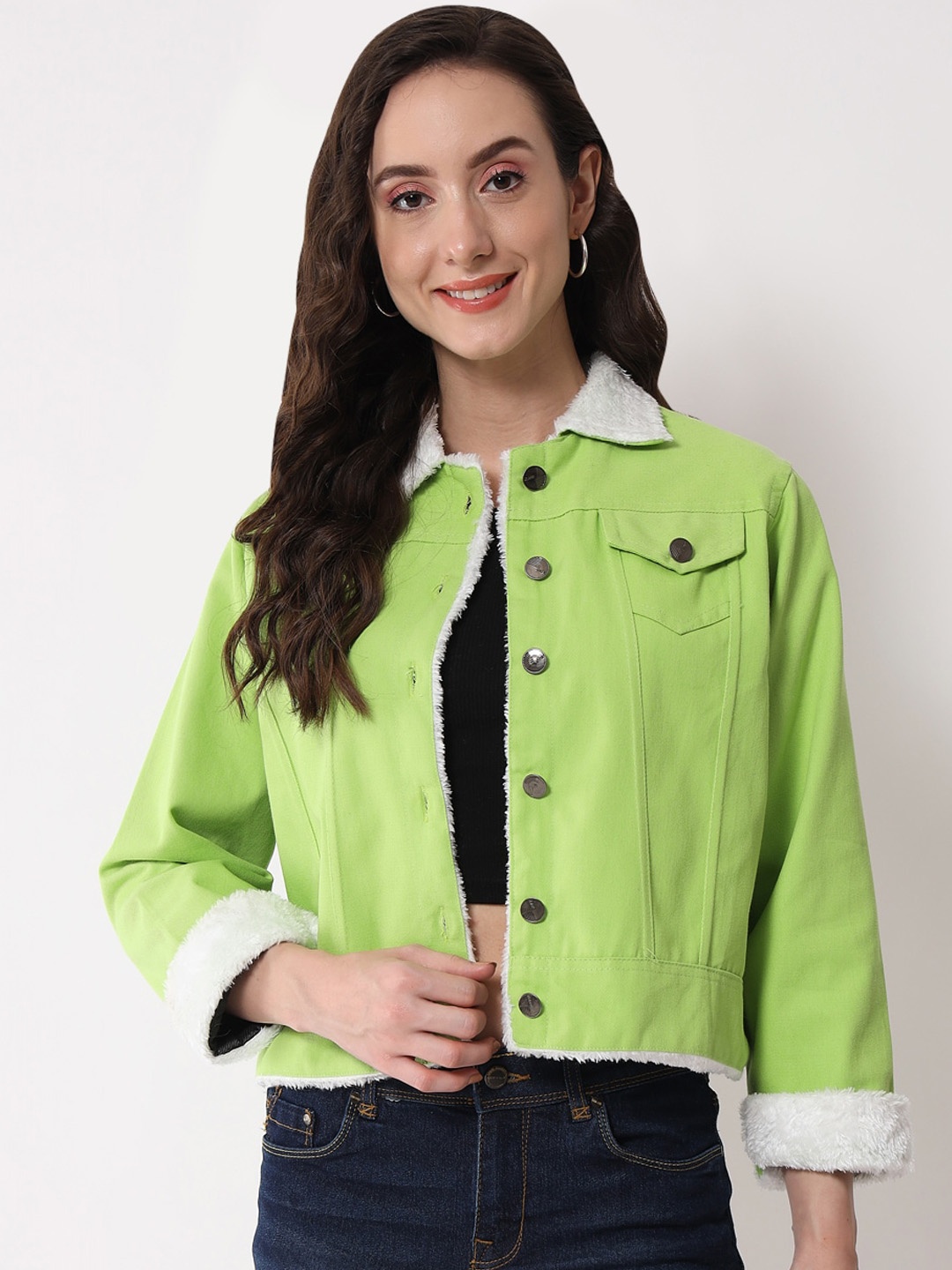 

Funday Fashion Faux Fur Trim Spread Collar Cotton Crop Denim Jacket, Green