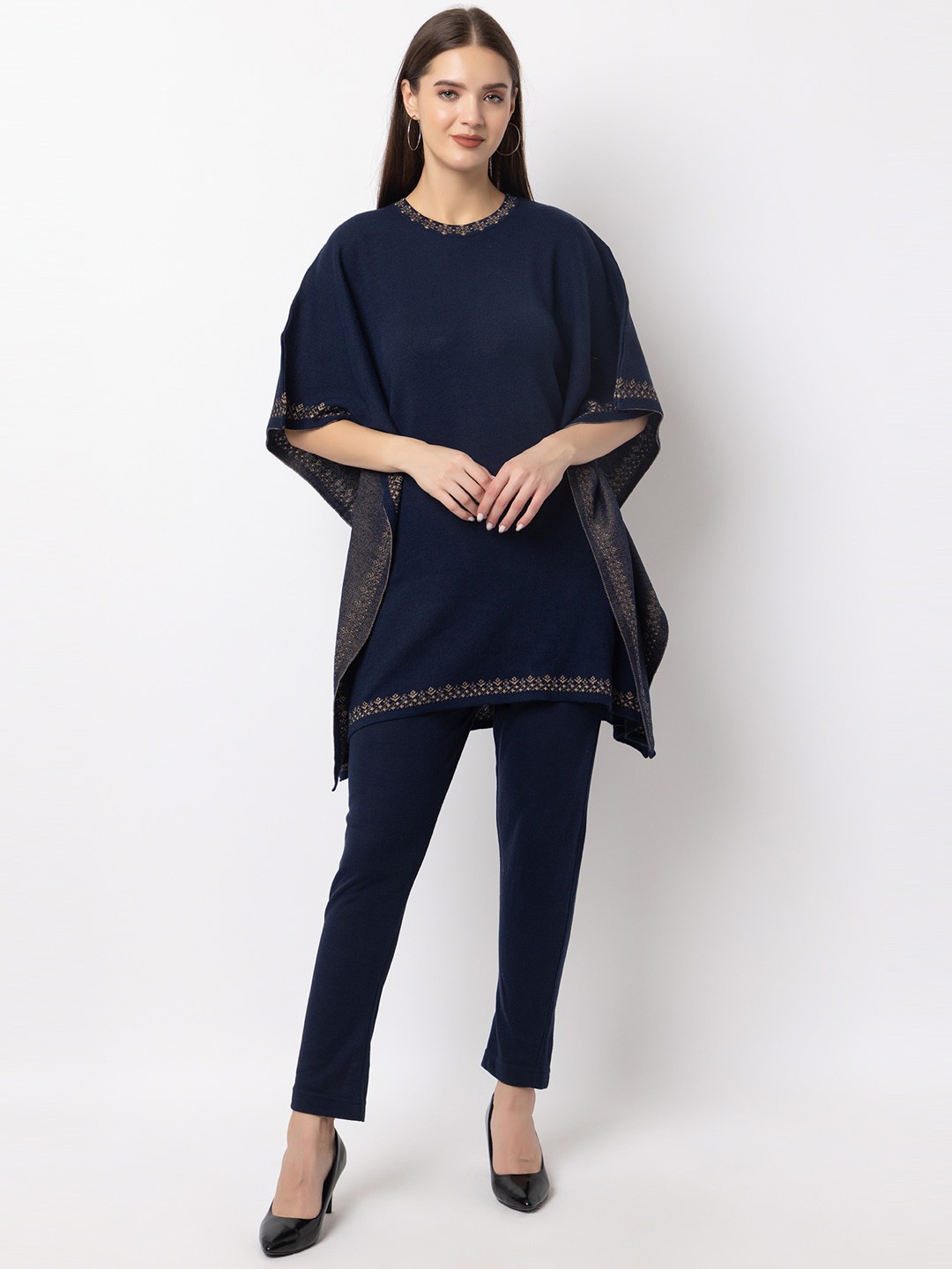 

KEIKO Flared Sleeves Acrylic Kaftan Kurta With Trousers, Navy blue