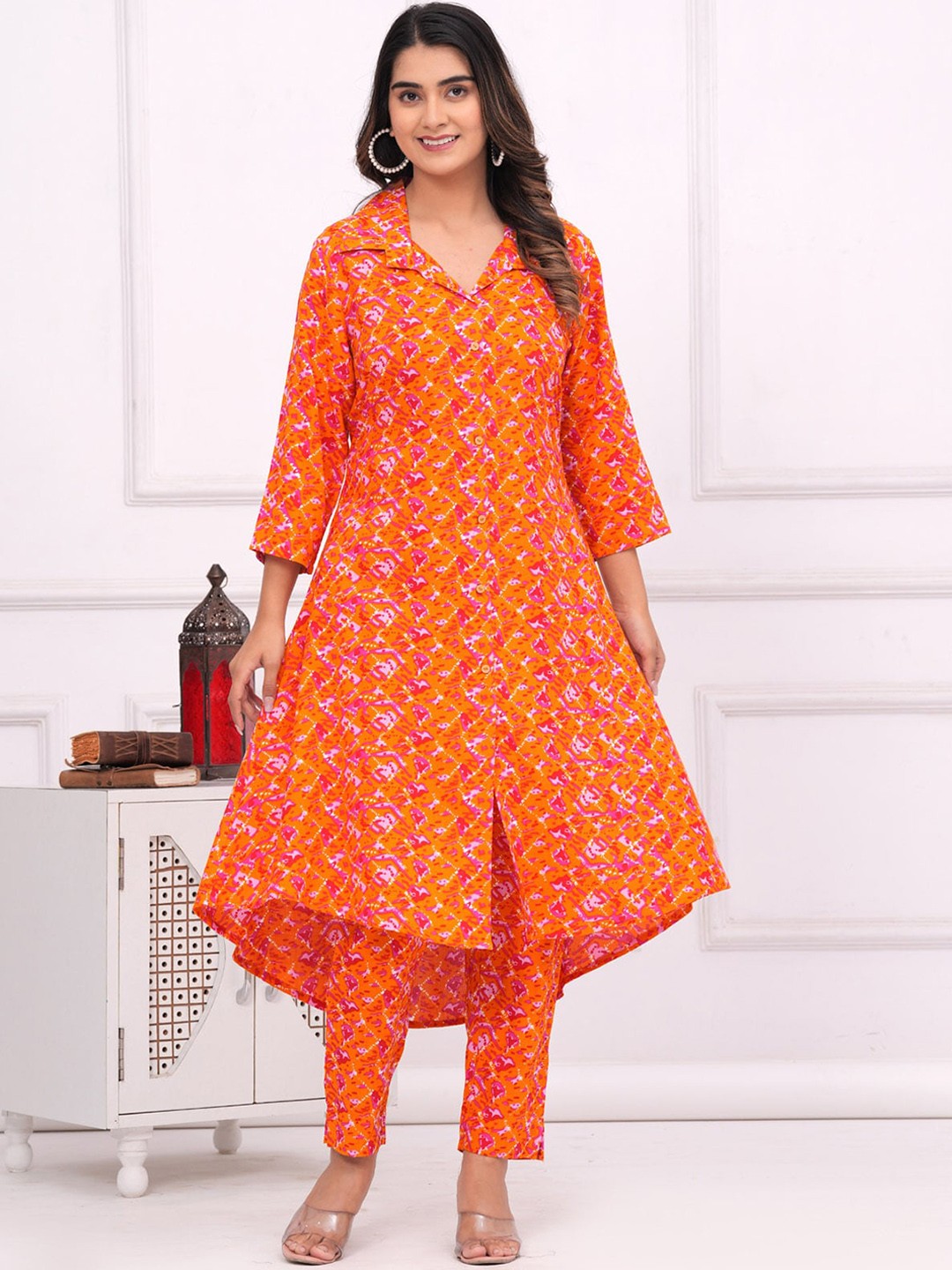 

BAESD Abstract Printed A-Line Kurta With Trousers Set, Orange