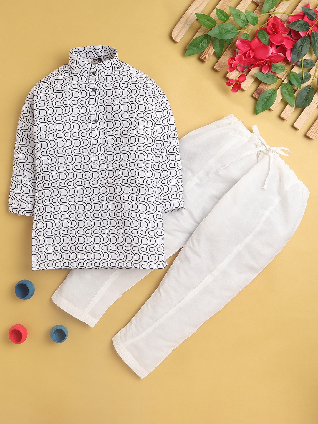 

Jeetethnics Boys Printed Mandarin Collar Regular Kurta With Pyjamas, White