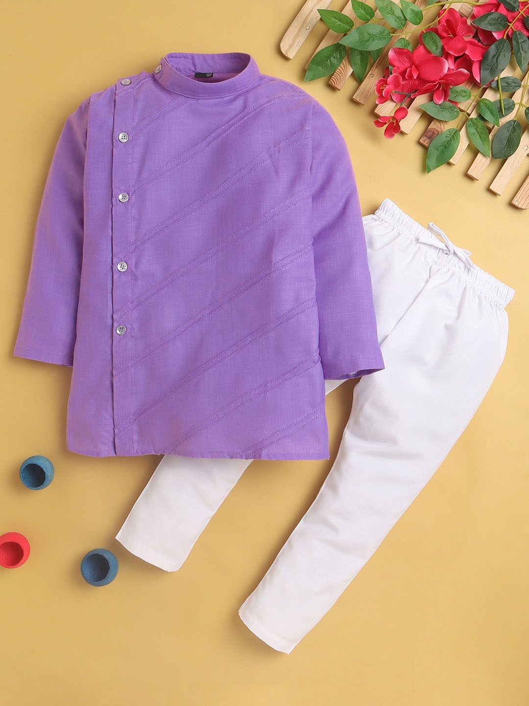

Jeetethnics Boys Striped Embroidered Band Collar Straight Kurta with Pyjamas, Lavender