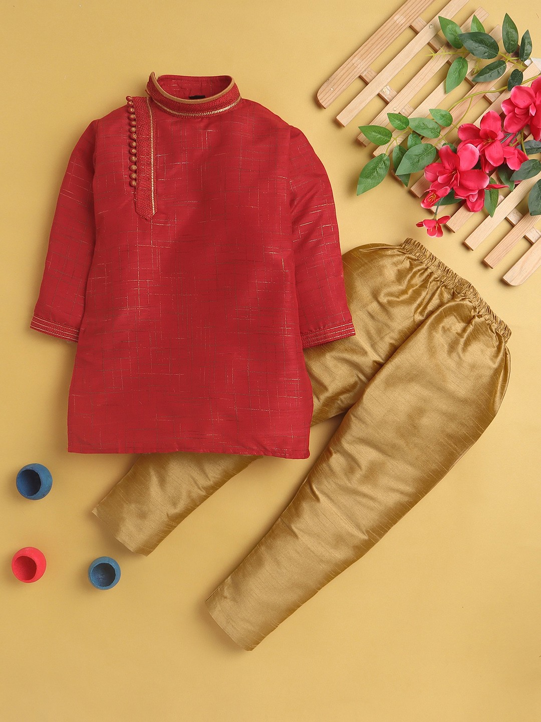 

Jeetethnics Boys Self Design Angrakha Cotton Silk Kurta With Pyjama, Red