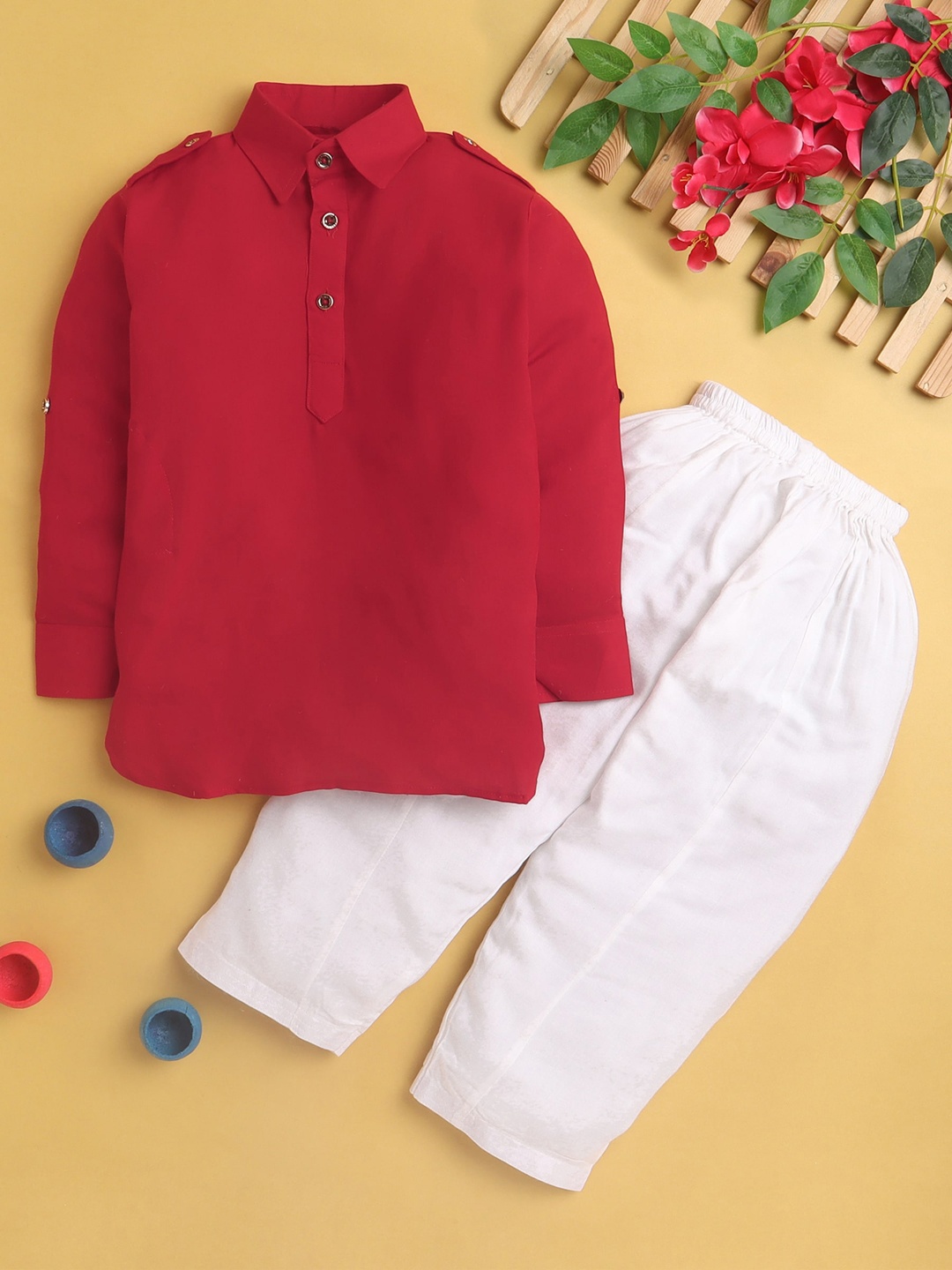 

Jeetethnics Boys Shirt Collar Pathani Kurta With Trousers, Red