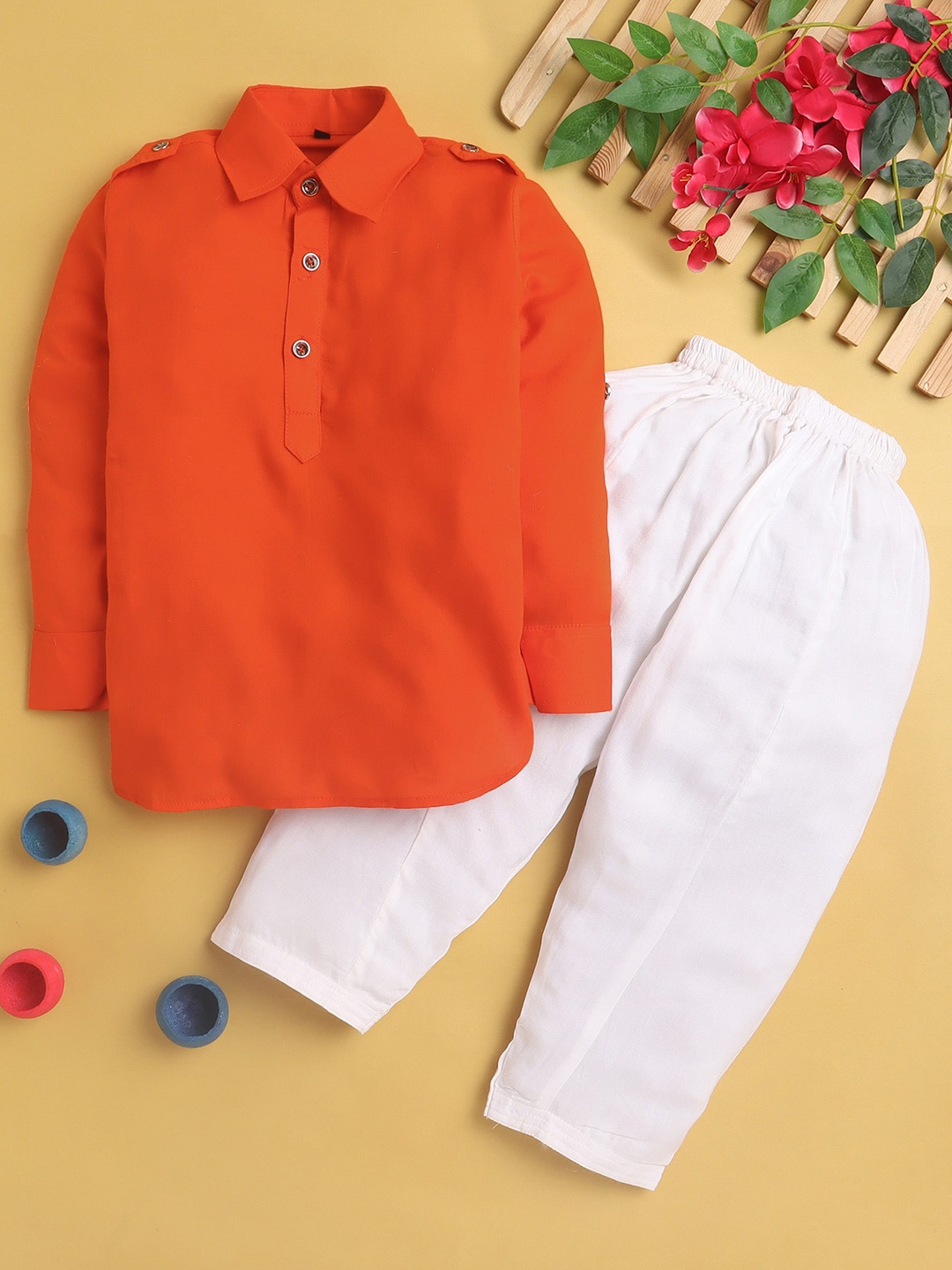 

Jeetethnics Boys Shirt Collar Pathani Kurta With Trousers, Orange