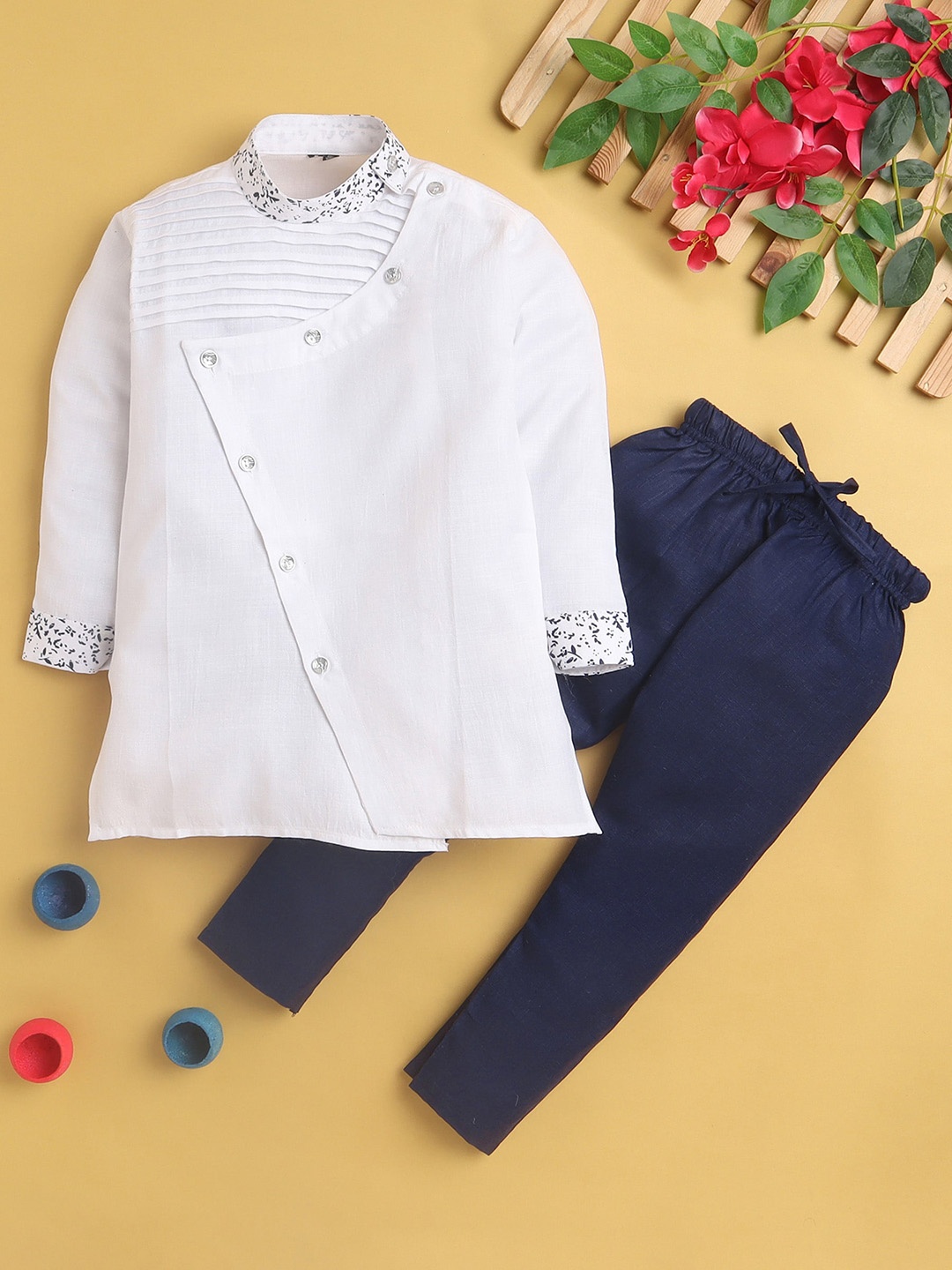 

Jeetethnics Boys Mandarin Collar Cotton & Silk Angrakha Kurta with Pyjamas, White