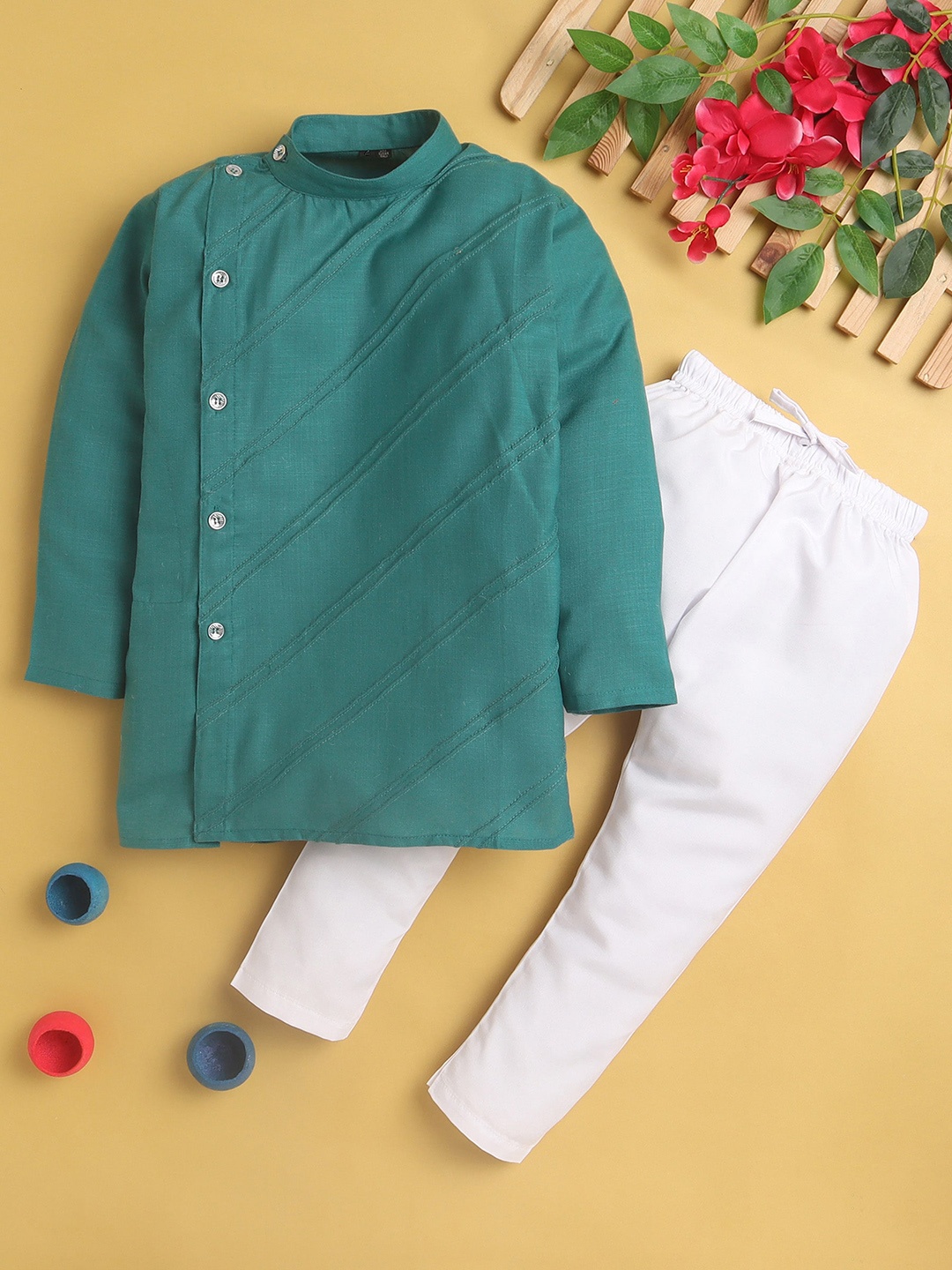 

Jeetethnics Boys Striped Band Collar Angrakha Kurta With Pyjamas, Turquoise blue