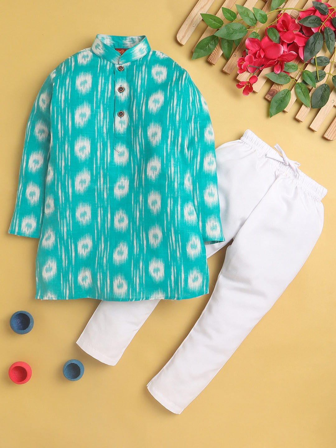 

Jeetethnics Boys Ethnic Motifs Woven Design Mandarin Collar Regular Kurta With Pyjamas, Turquoise blue