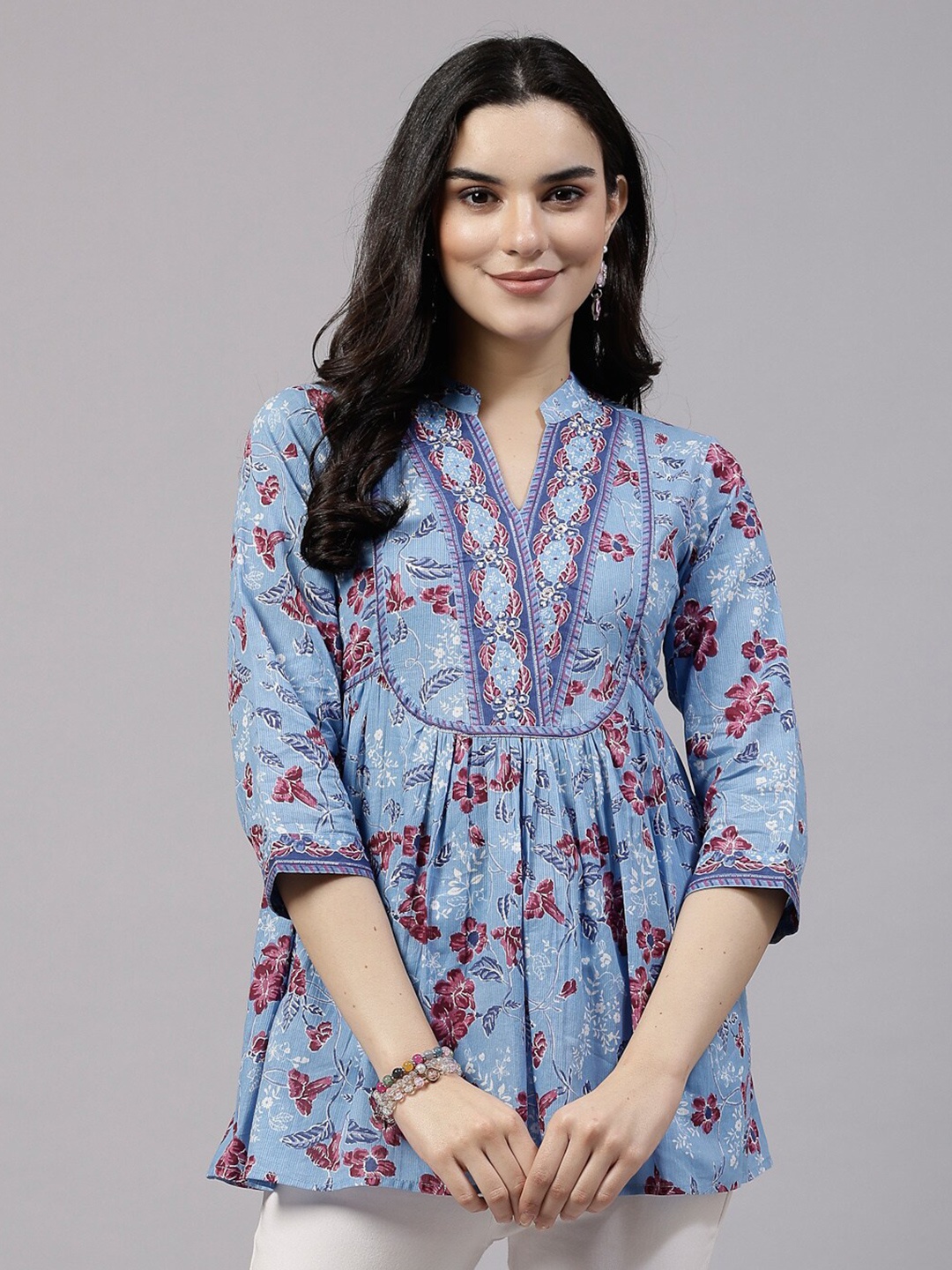 

QOMN Ethnic Motifs Printed Mandarin Collar Cotton Top, Blue