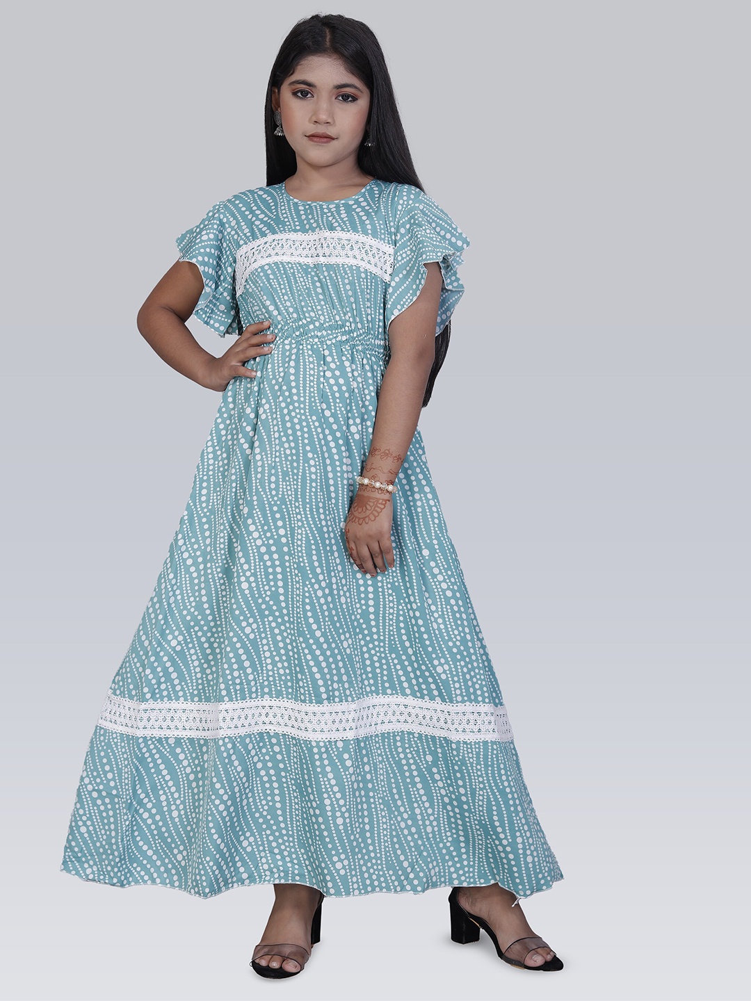 

BAESD Girls Geometric Printed Flared Sleeves Lace Inserts Maxi Dress, Green