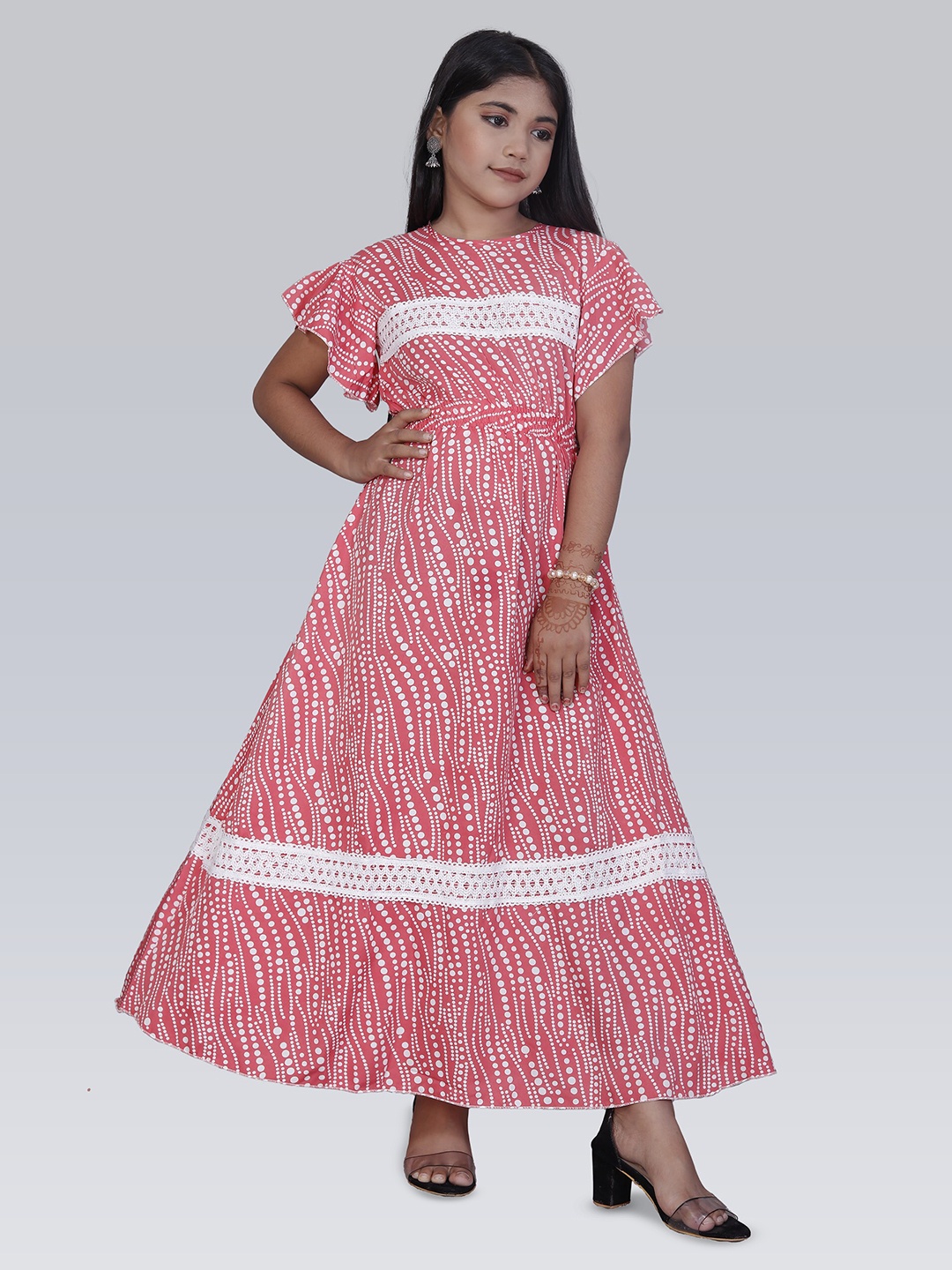 

BAESD Girls Geometric Printed Flared Sleeves Lace Inserts Maxi Dress, Coral