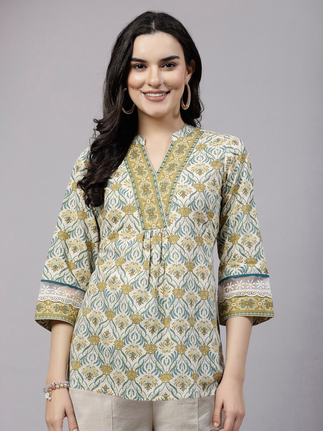 

QOMN Ethnic Motifs Printed Mandarin Collar Cotton Top, Green