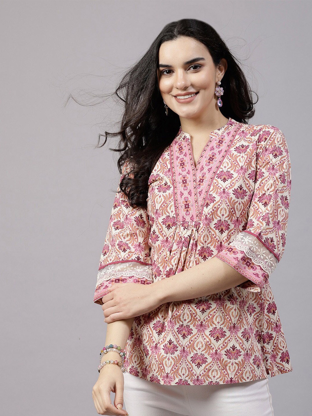 

QOMN Ethnic Motifs Printed Mandarin Collar Cotton Top, Pink
