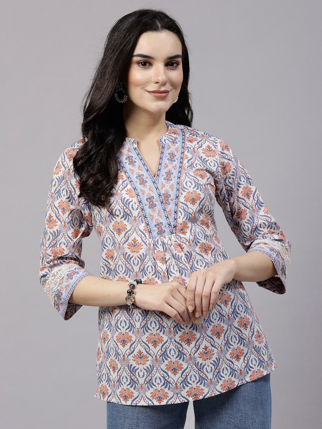 

QOMN Ethnic Motifs Printed Mandarin Collar Cotton Top, Blue