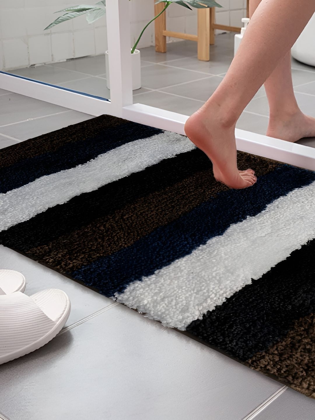 

CASA-NEST Brown Navy Blue Striped 210 GSM Rectangle Anti-Skid Bath Rugs