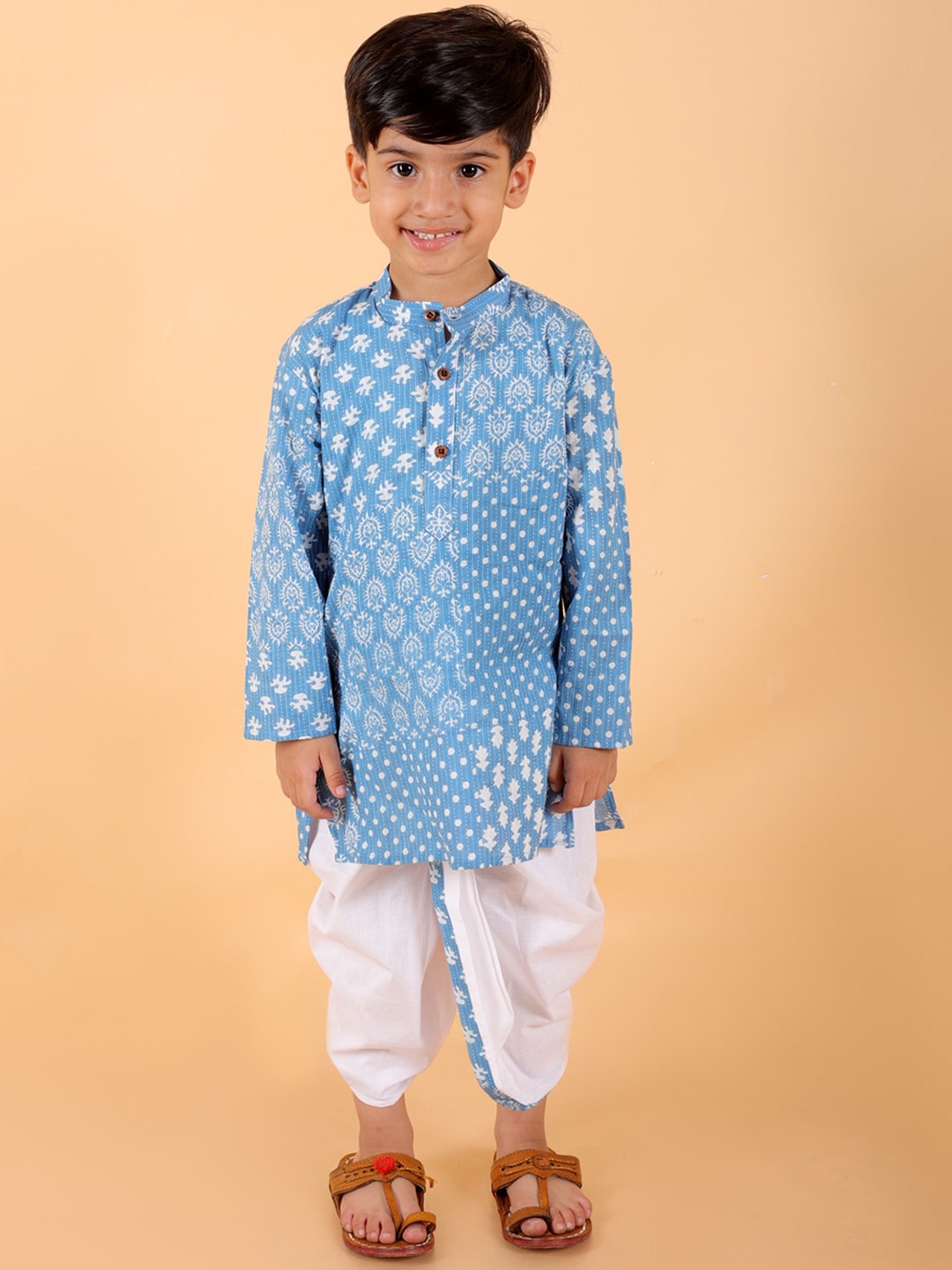 

BAESD Infant Boys Ethnic Motifs Printed Pure Cotton Kurta with Dhoti Pants, Blue