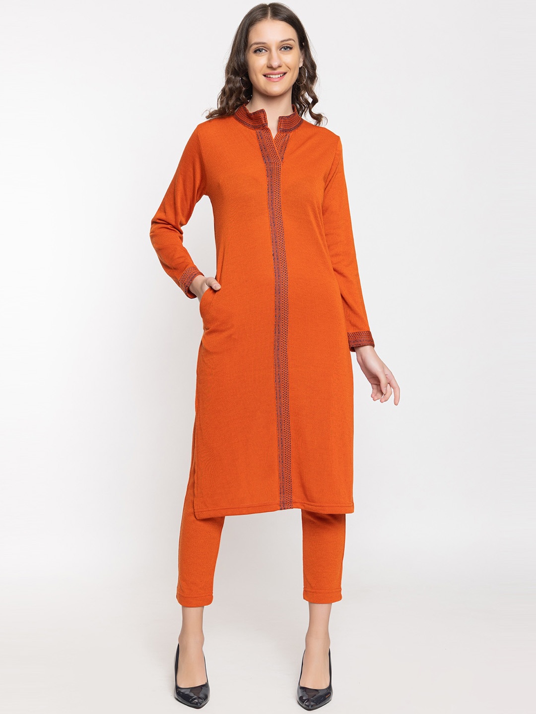 

KEIKO Mandarin Collar Straight Acrylic Kurta With Trousers, Orange