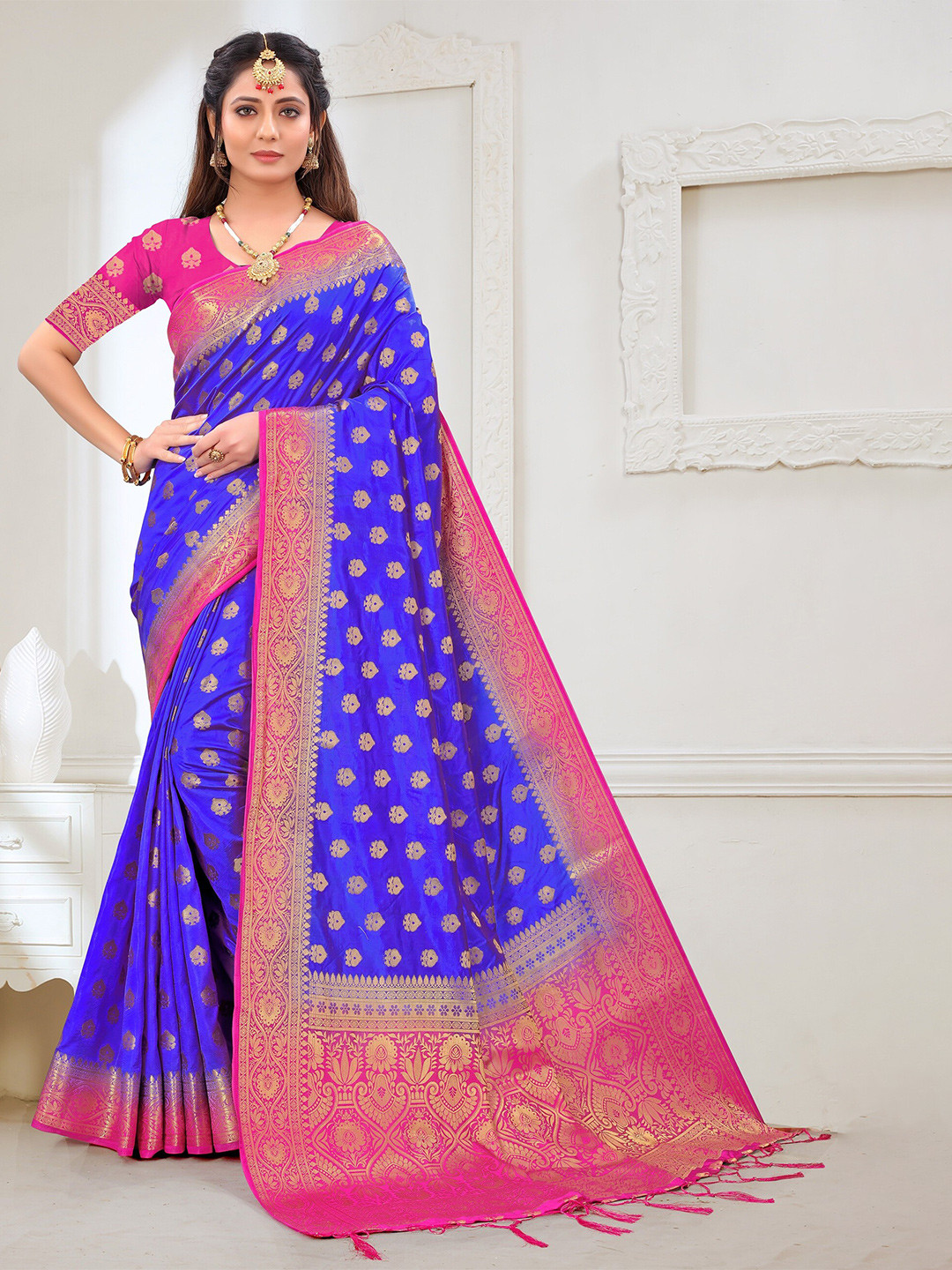 

TIEXA Ethnic Motifs Woven Design Zari Pure Silk Banarasi Saree, Blue