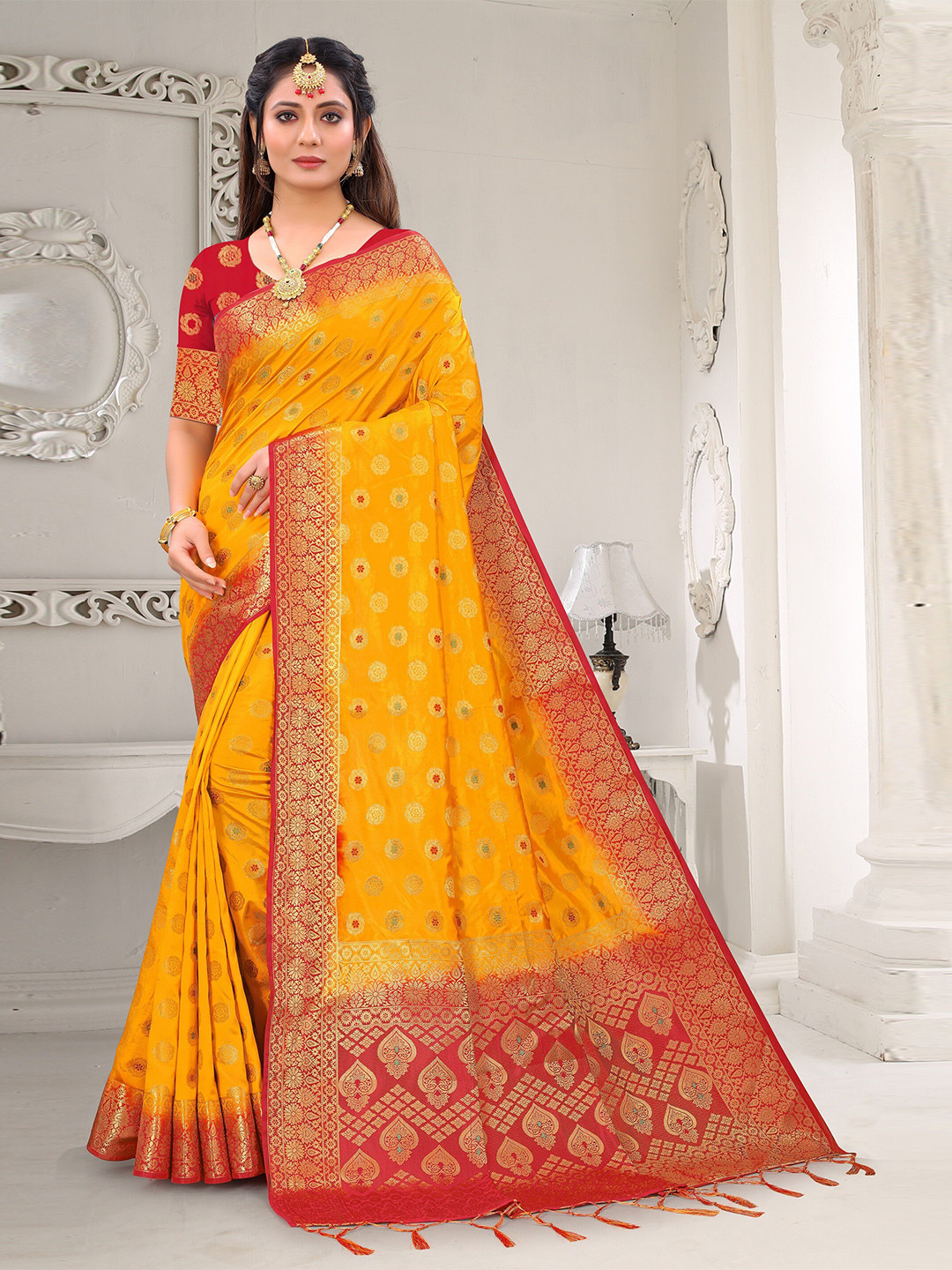 

TIEXA Ethnic Motifs Woven Design Zari Pure Silk Banarasi Saree, Orange
