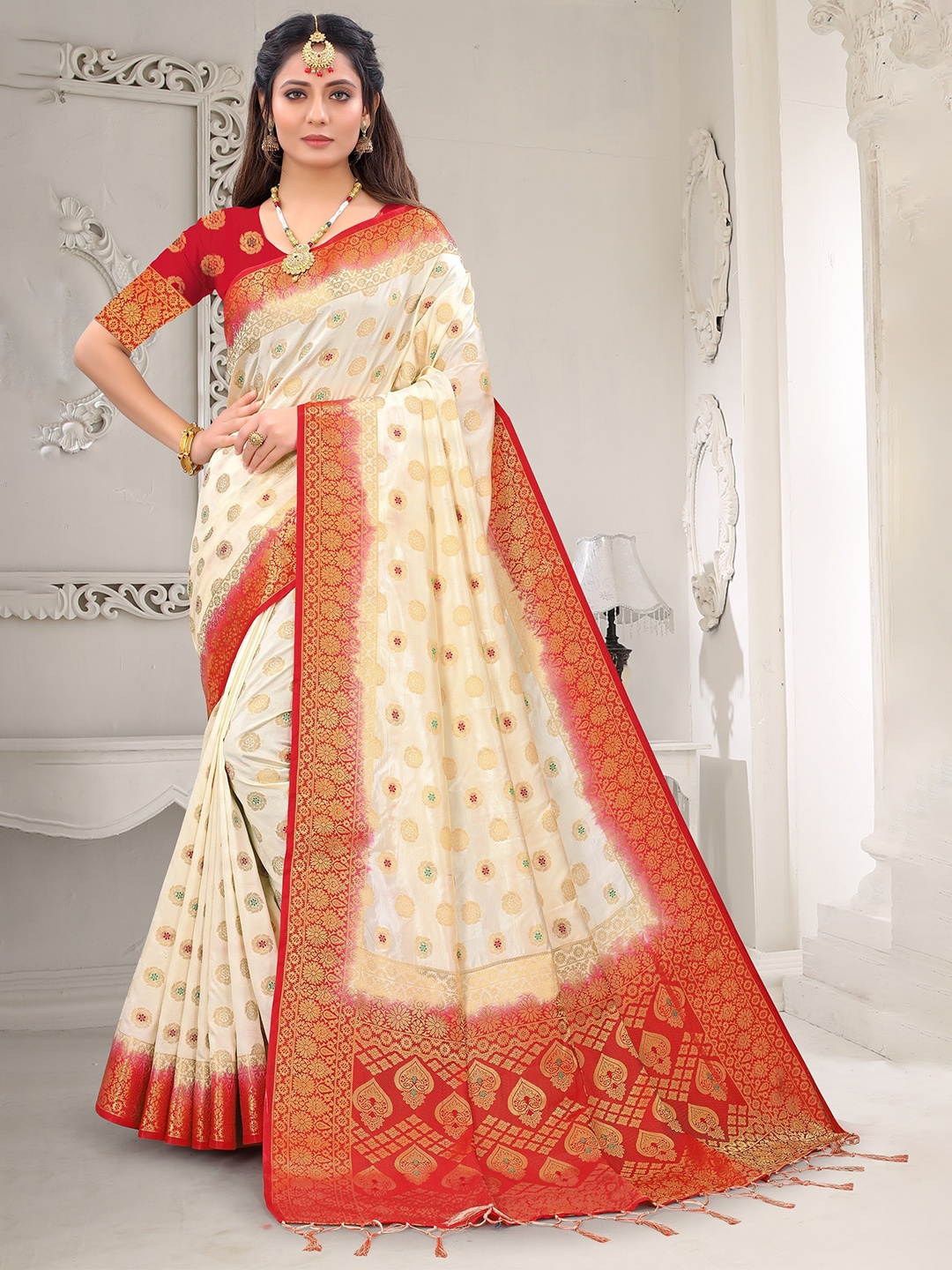 

TIEXA Ethnic Motifs Woven Design Zari Pure Silk Banarasi Saree, White