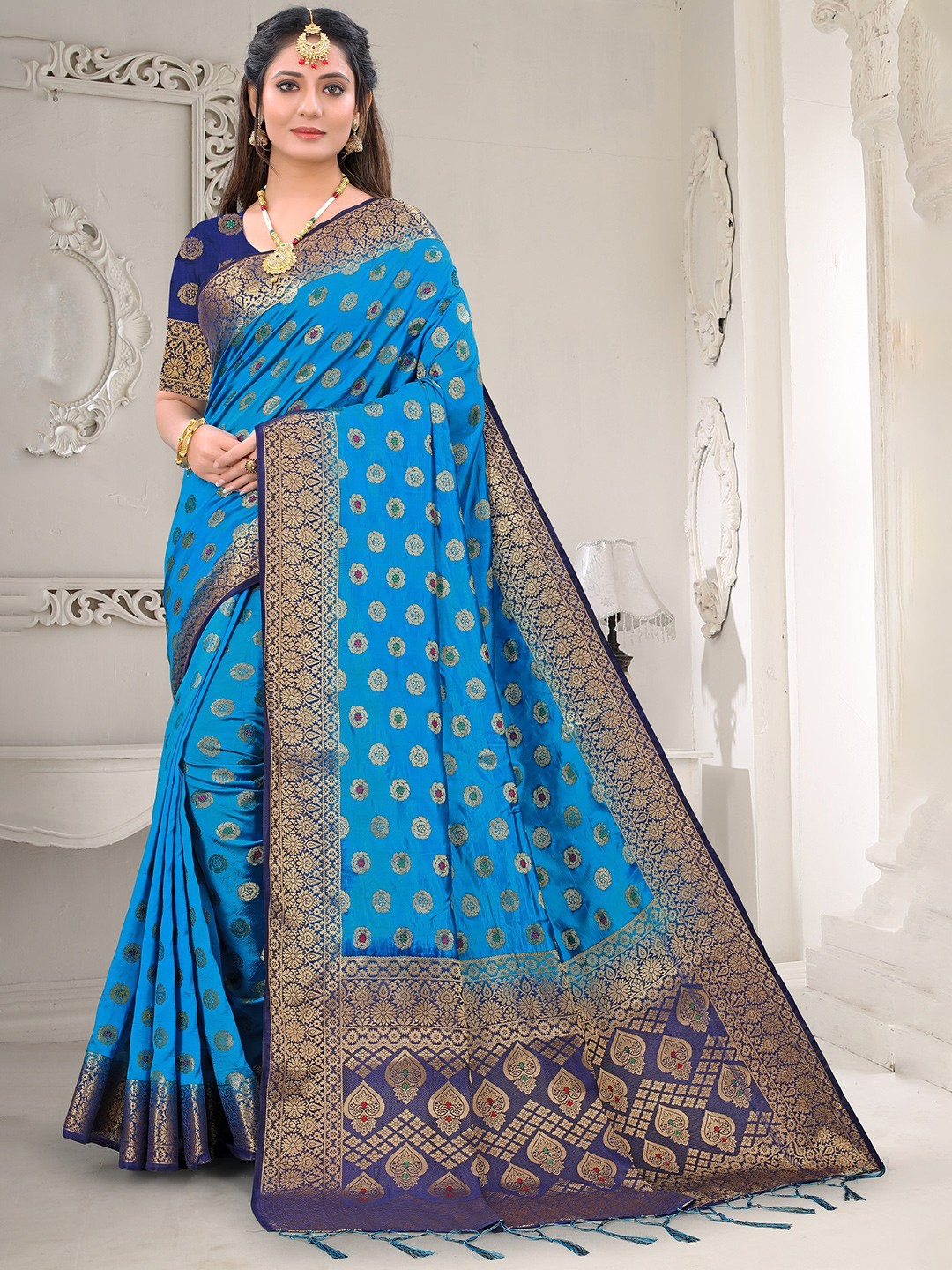 

TIEXA Ethnic Motifs Woven Design Zari Pure Silk Banarasi Saree, Turquoise blue