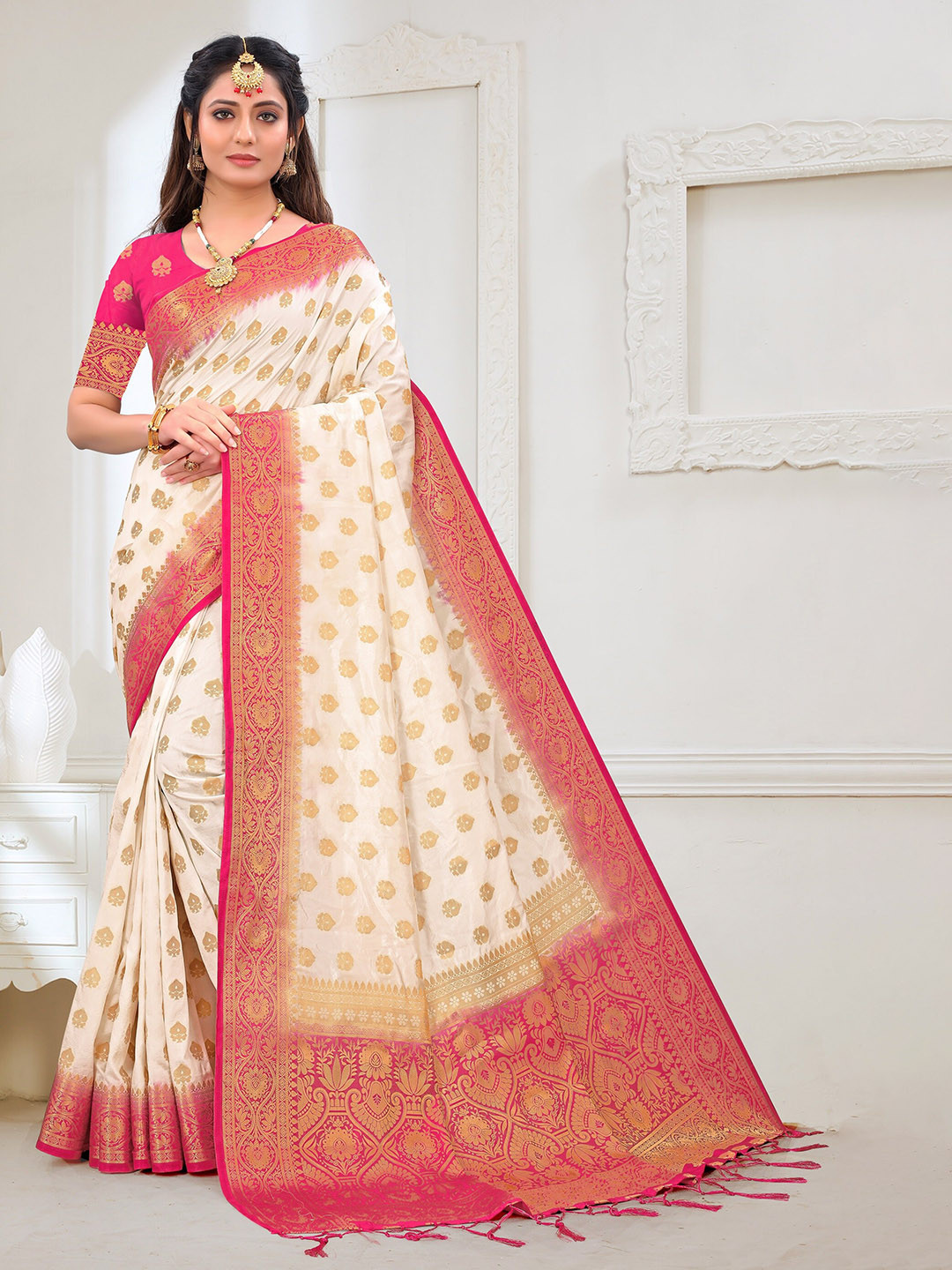 

TIEXA Ethnic Motifs Woven Design Zari Pure Silk Banarasi Saree, White