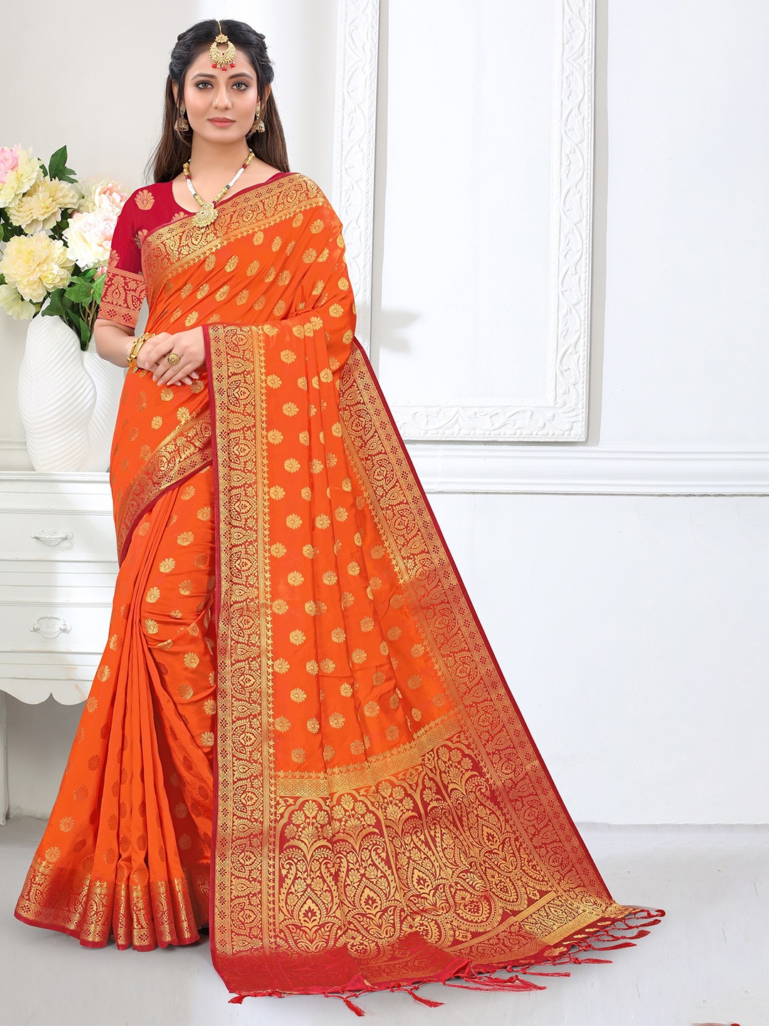 

TIEXA Ethnic Motifs Woven Design Zari Pure Silk Banarasi Saree, Orange