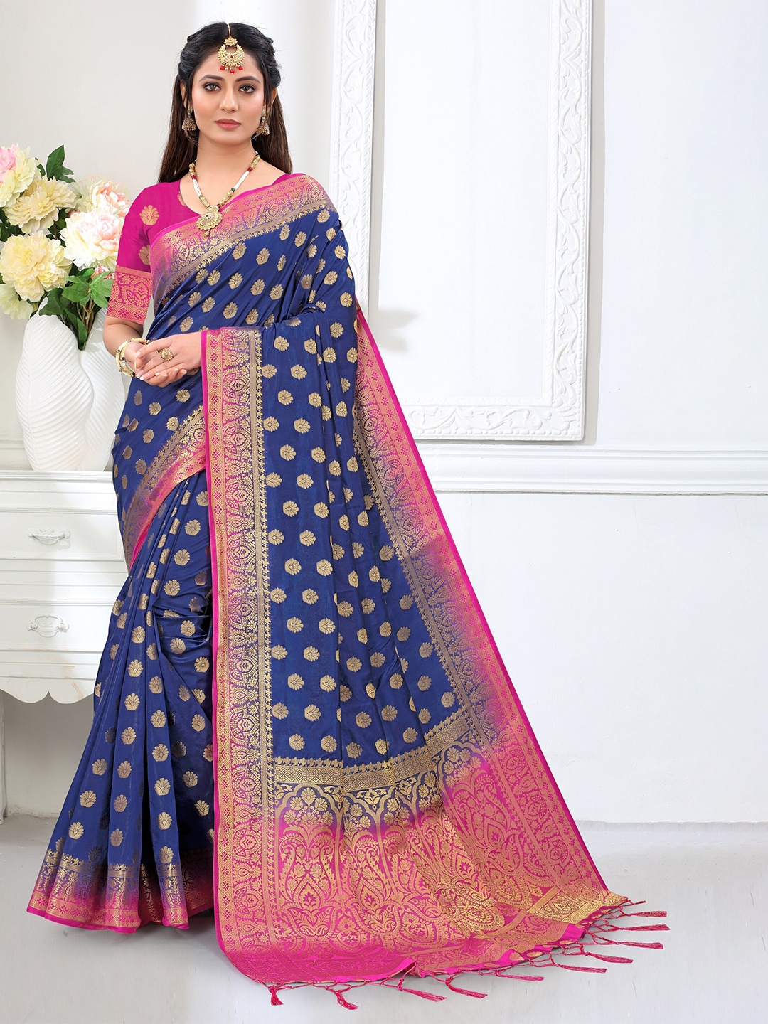 

TIEXA Ethnic Motifs Woven Design Zari Pure Silk Banarasi Saree, Navy blue