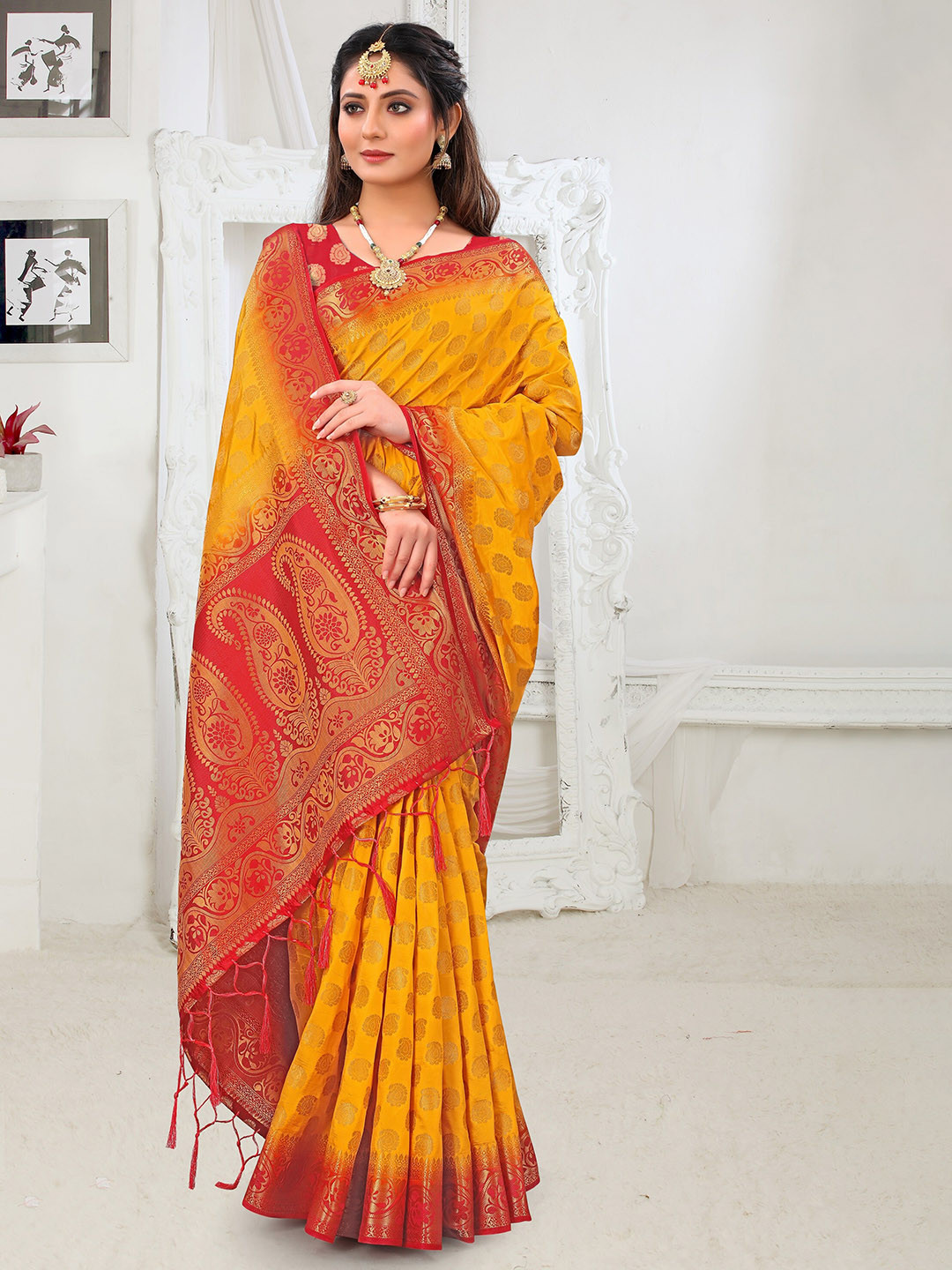 

TIEXA Ethnic Motifs Woven Design Zari Pure Silk Banarasi Saree, Yellow