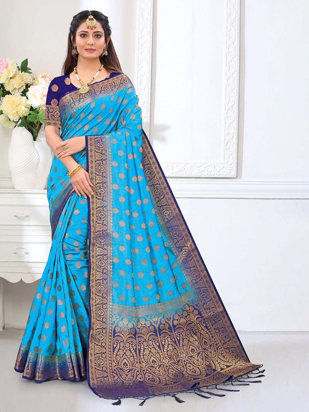 

TIEXA Ethnic Motifs Woven Design Zari Pure Silk Banarasi Saree, Turquoise blue