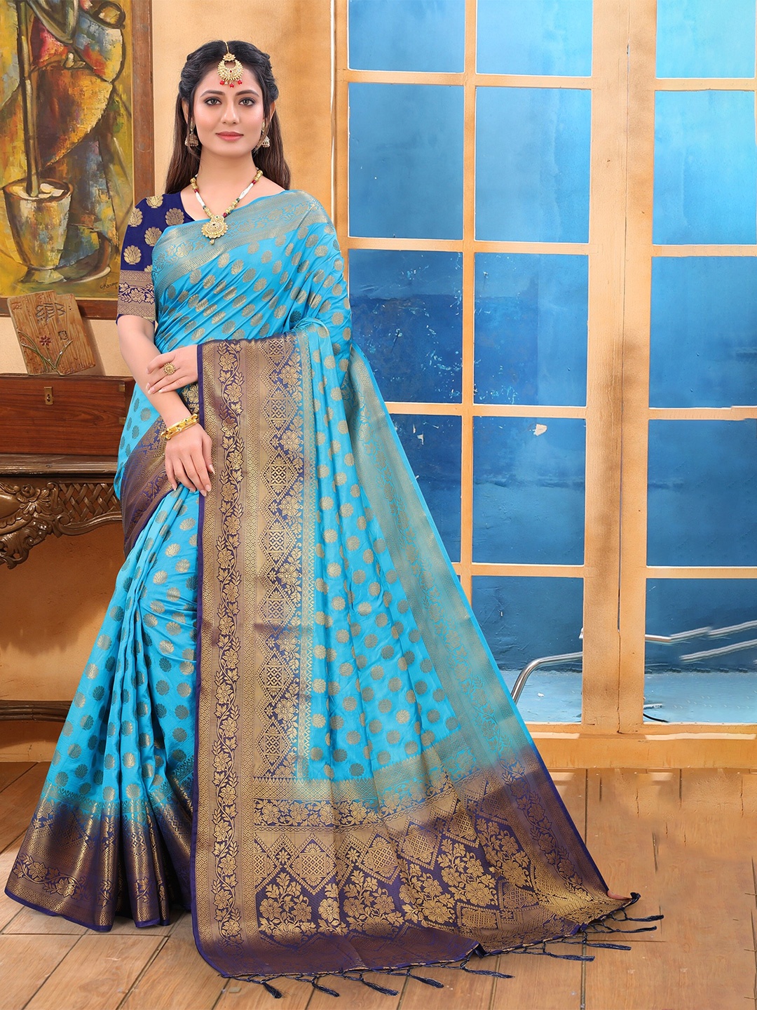 

TIEXA Ethnic Motifs Woven Design Zari Pure Silk Banarasi Saree, Turquoise blue