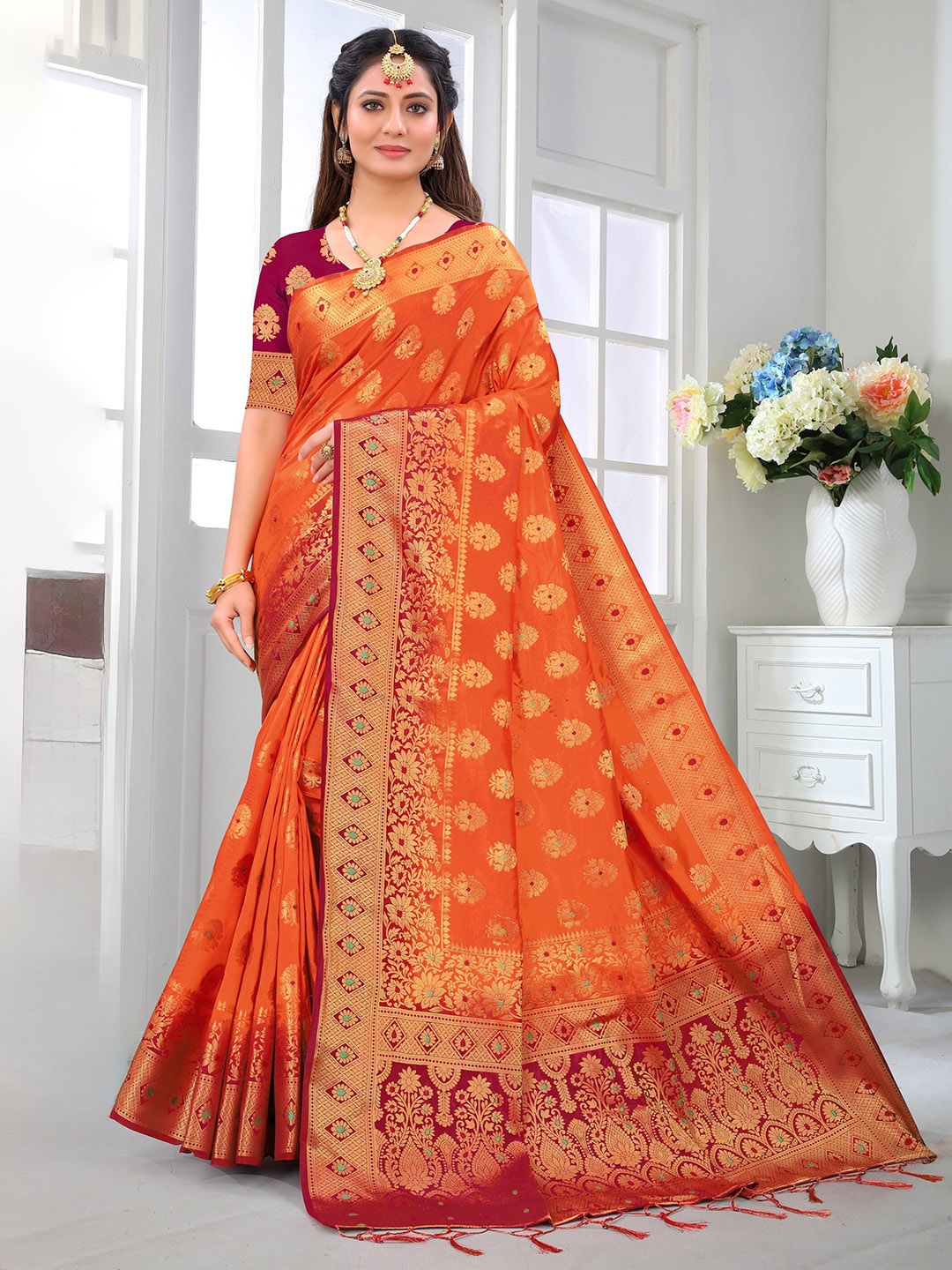 

TIEXA Ethnic Motifs Woven Design Zari Pure Silk Banarasi Saree, Orange