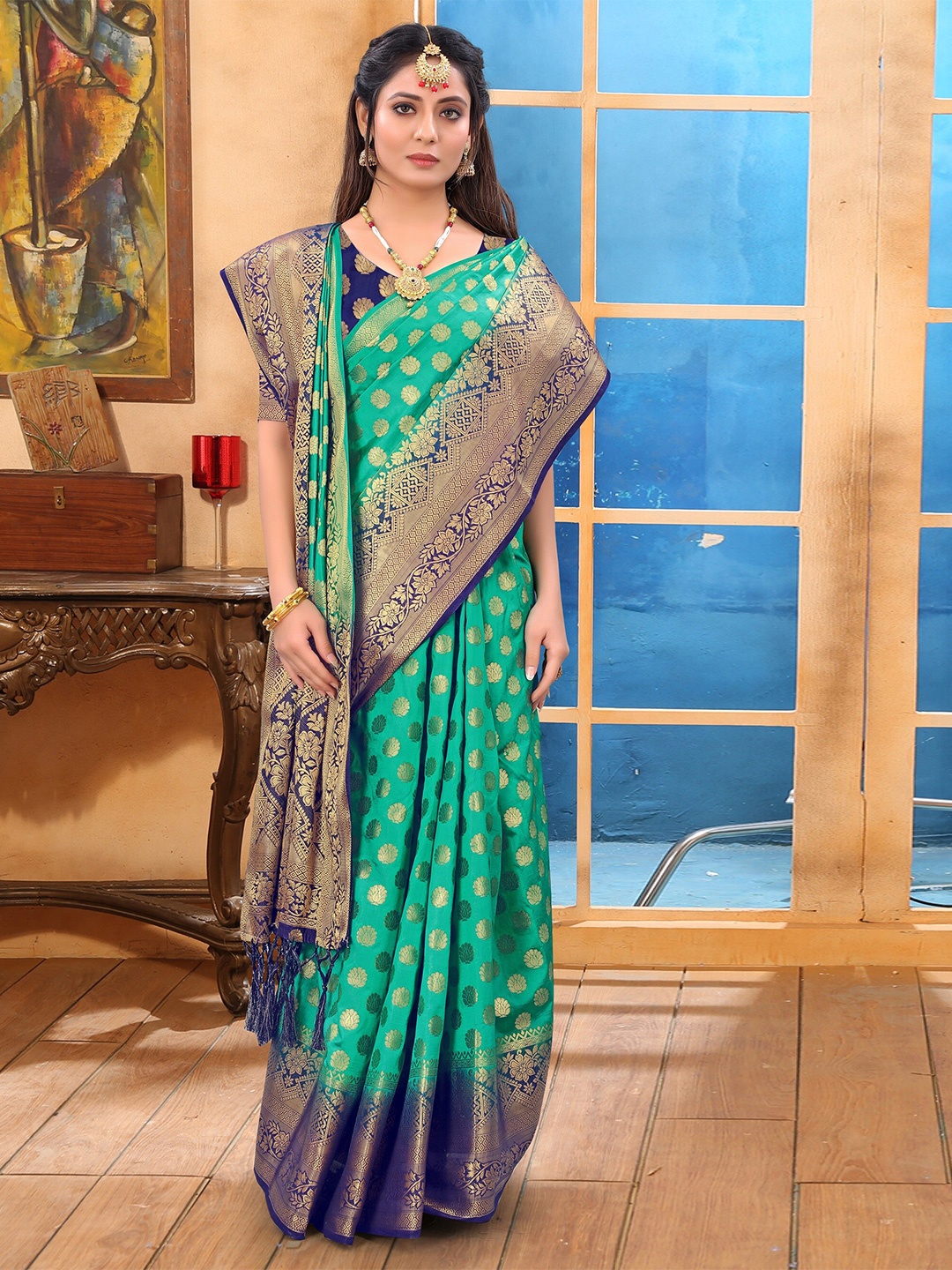 

TIEXA Ethnic Motifs Woven Design Zari Pure Silk Banarasi Saree, Green