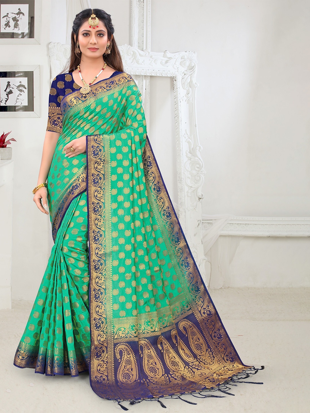 

TIEXA Ethnic Motifs Woven Design Zari Pure Silk Banarasi Saree, Green
