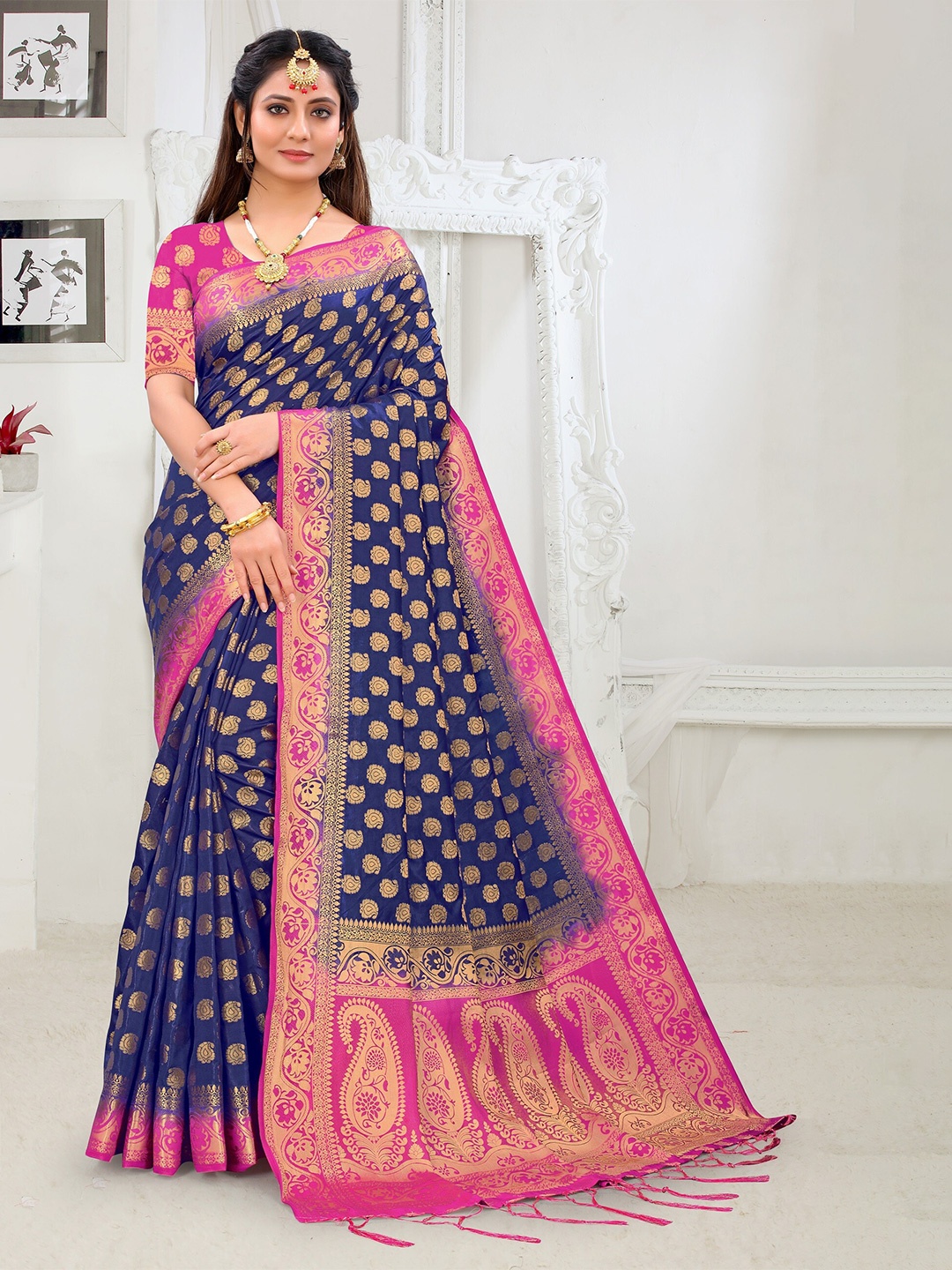 

TIEXA Ethnic Motifs Woven Design Zari Pure Silk Banarasi Saree, Blue