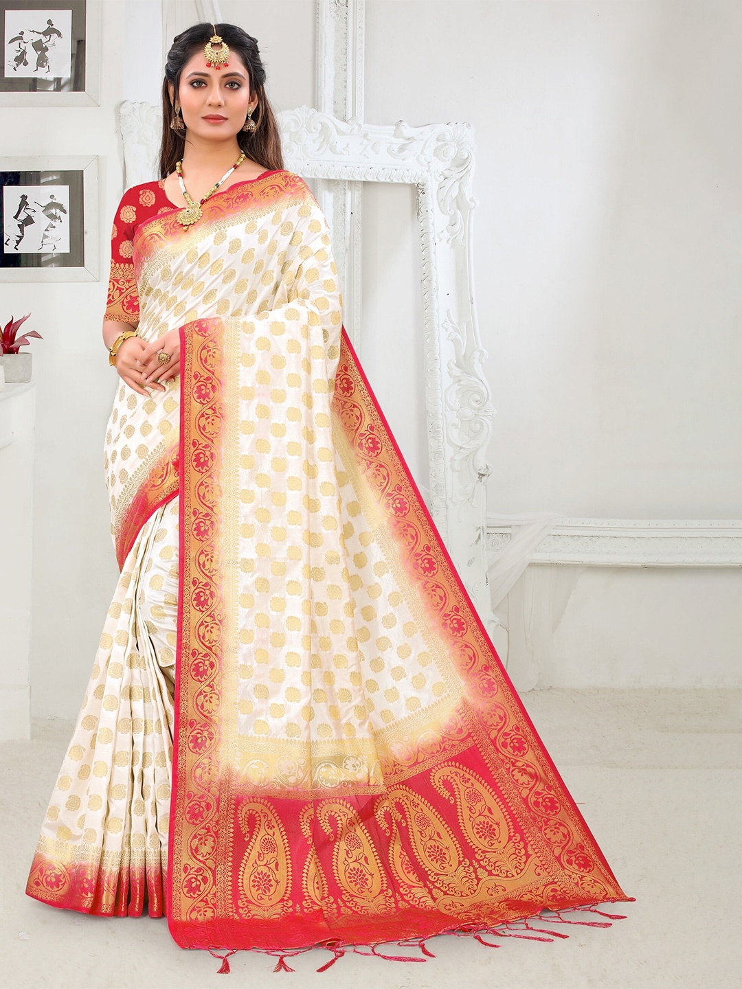 

TIEXA Ethnic Motifs Woven Design Zari Pure Silk Banarasi Saree, White