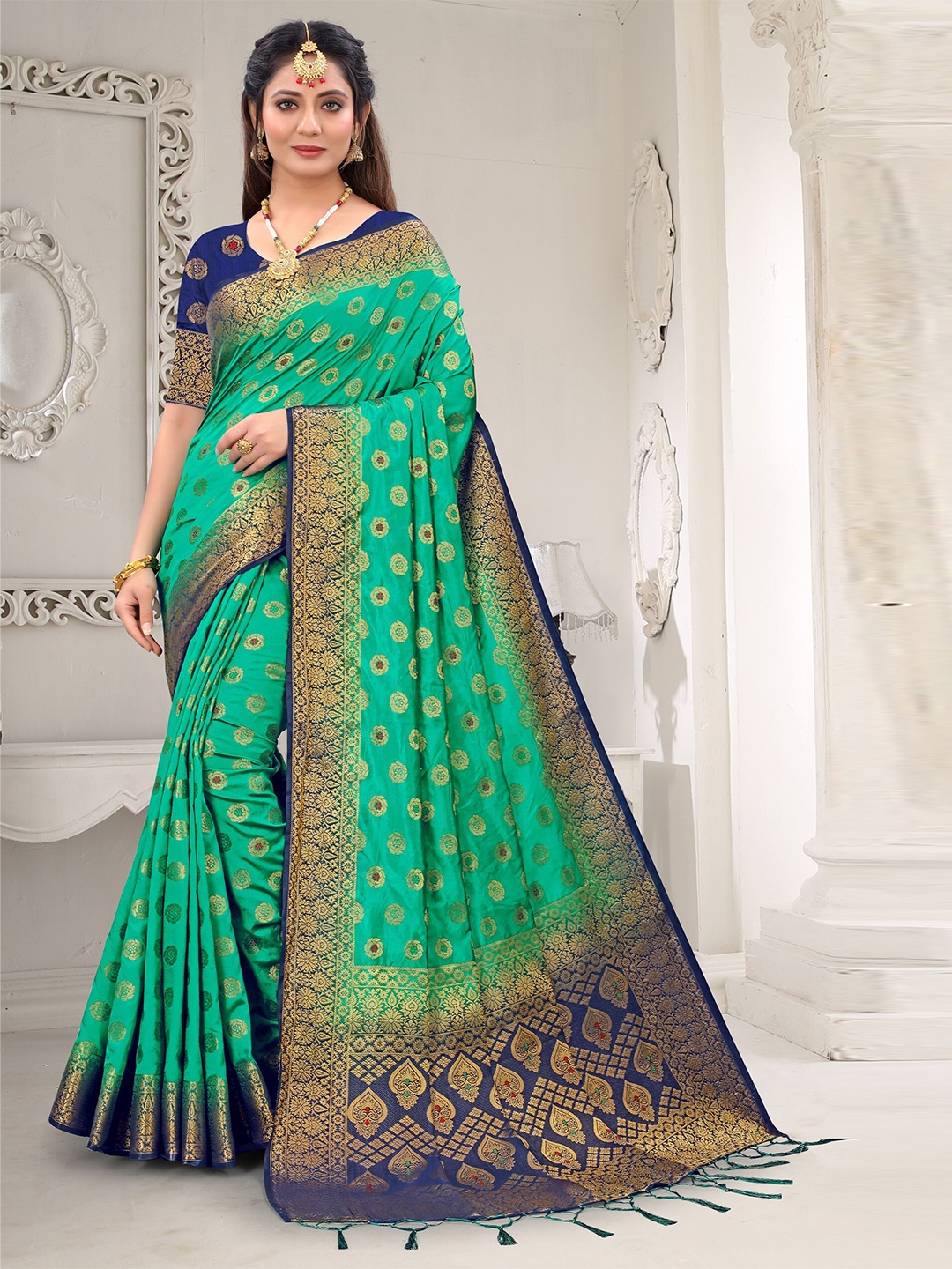 

TIEXA Ethnic Motifs Woven Design Zari Pure Silk Banarasi Saree, Green