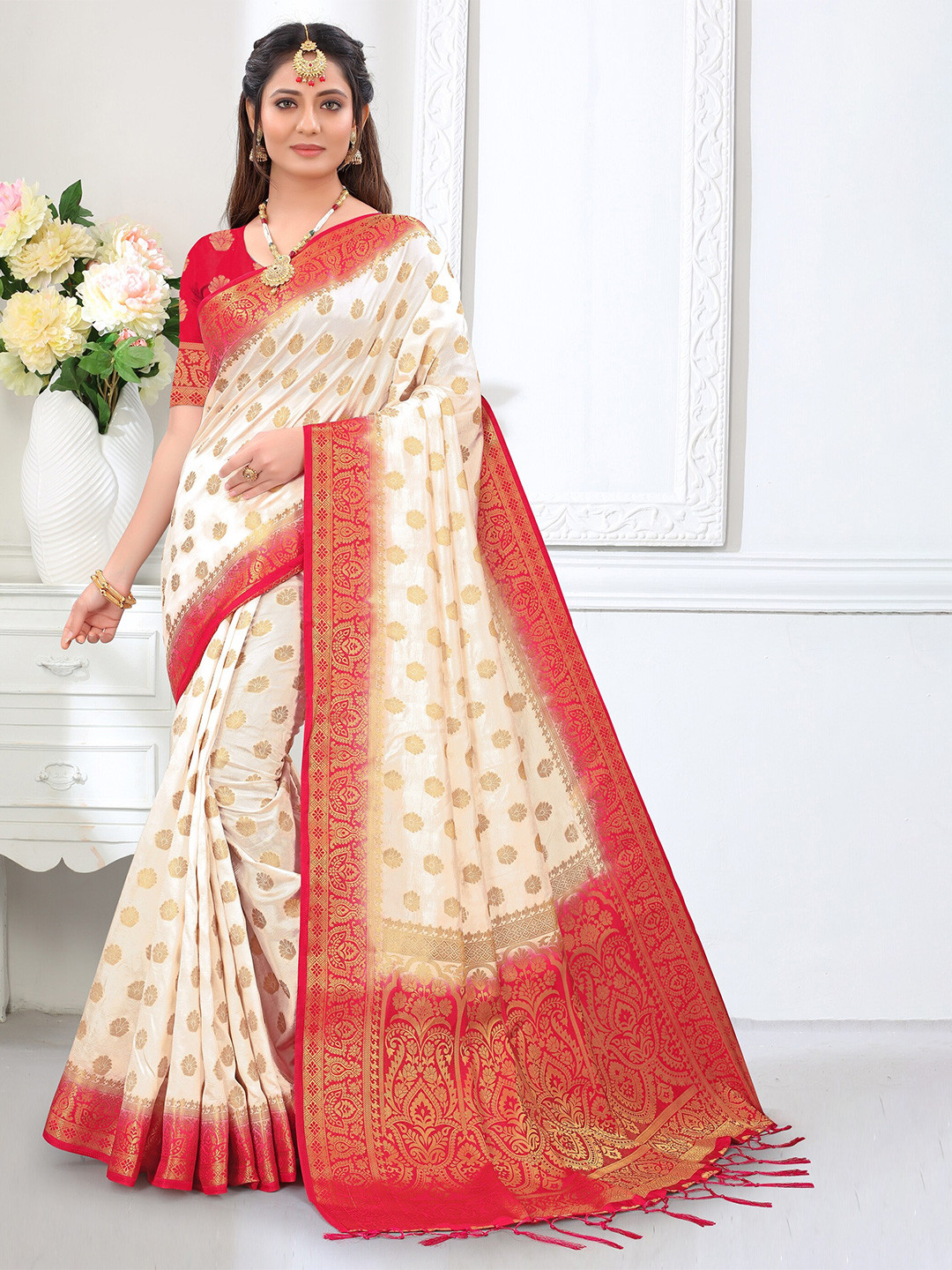 

TIEXA Ethnic Motifs Woven Design Zari Pure Silk Banarasi Saree, White