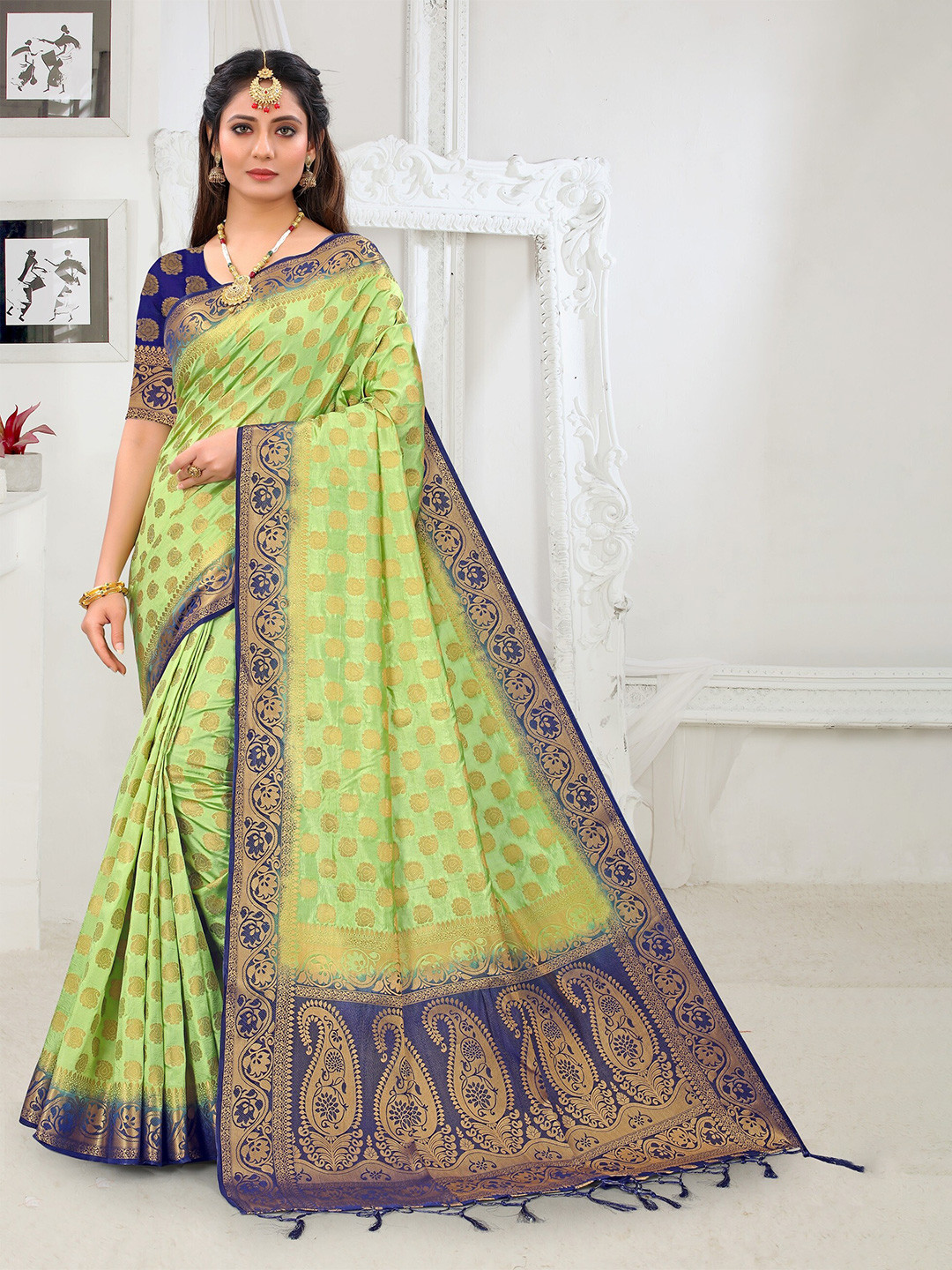 

TIEXA Ethnic Motifs Woven Design Zari Pure Silk Banarasi Saree, Green