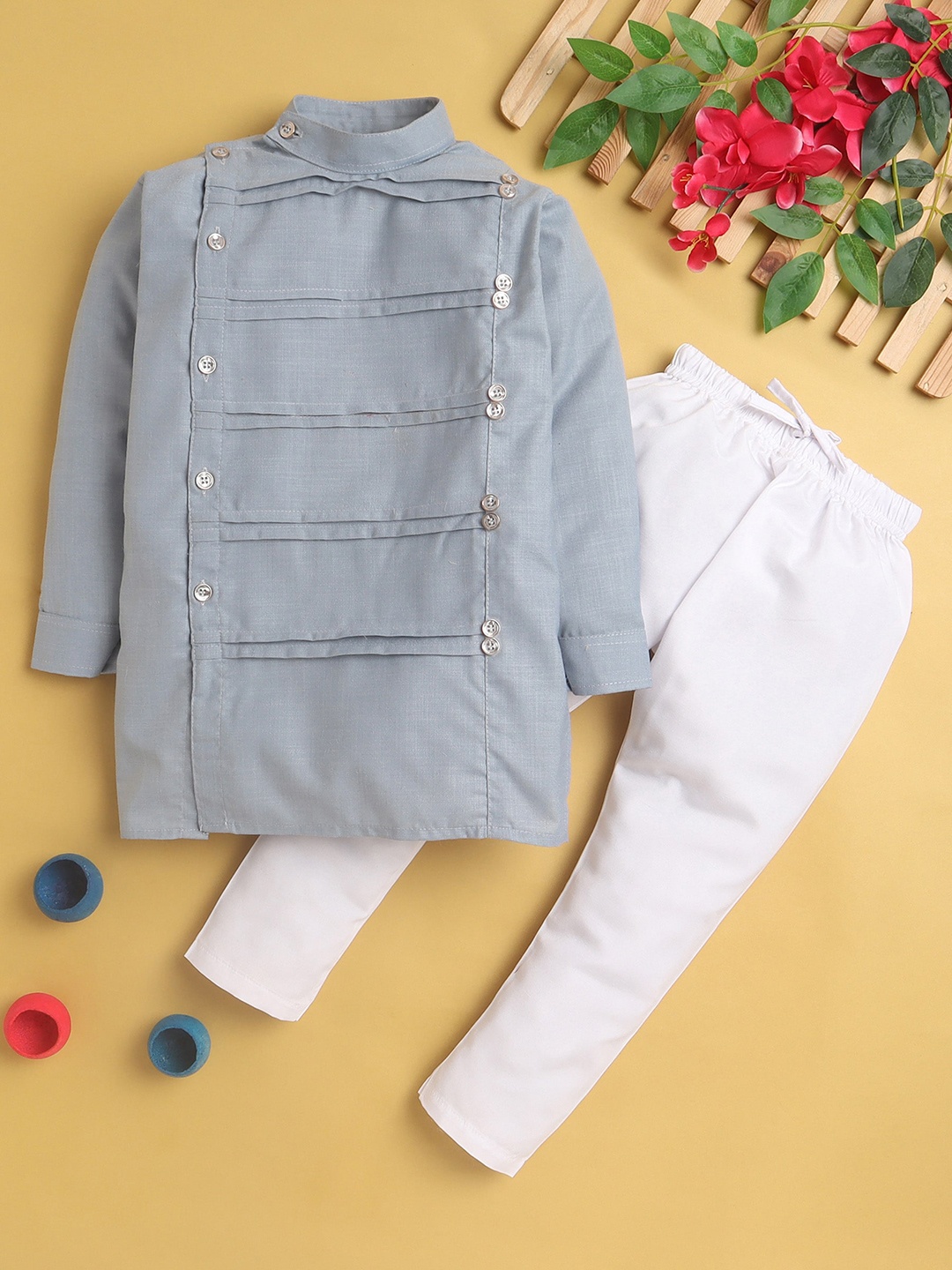 

Jeetethnics Boys Pleated Band Collar Kurta With Pyjamas, Grey