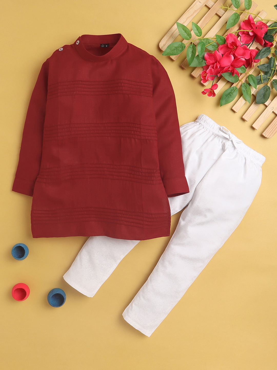 

Jeetethnics Boys Striped Cotton Silk Regular Kurta with Pyjamas, Red