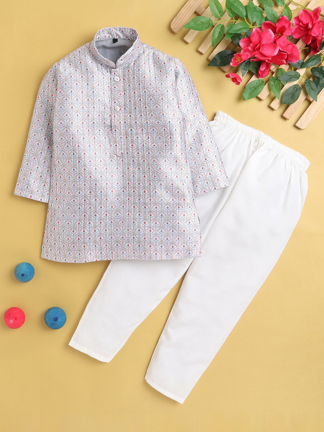 

Jeetethnics Boys Ethnic Motifs Printed Sequinned Cotton Silk Kurta With Pyjama, Grey
