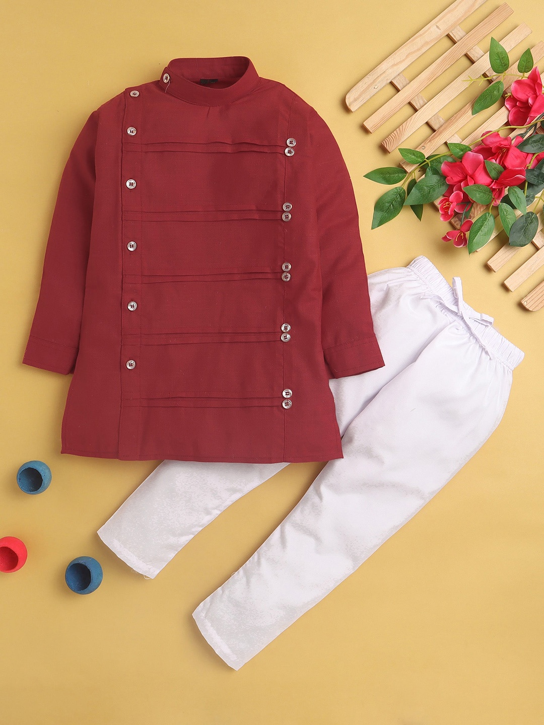 

Jeetethnics Boys Striped Band Collar Long Sleeves Regular Kurta With Pyjamas, Red