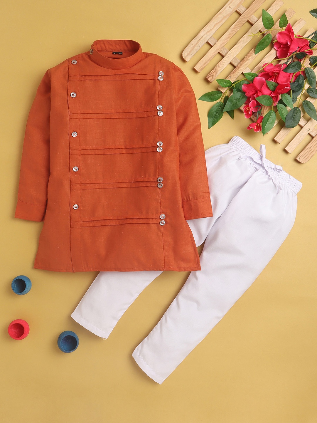 

Jeetethnics Boys Striped Pleated Cotton Silk Kurta with Pyjamas, Orange