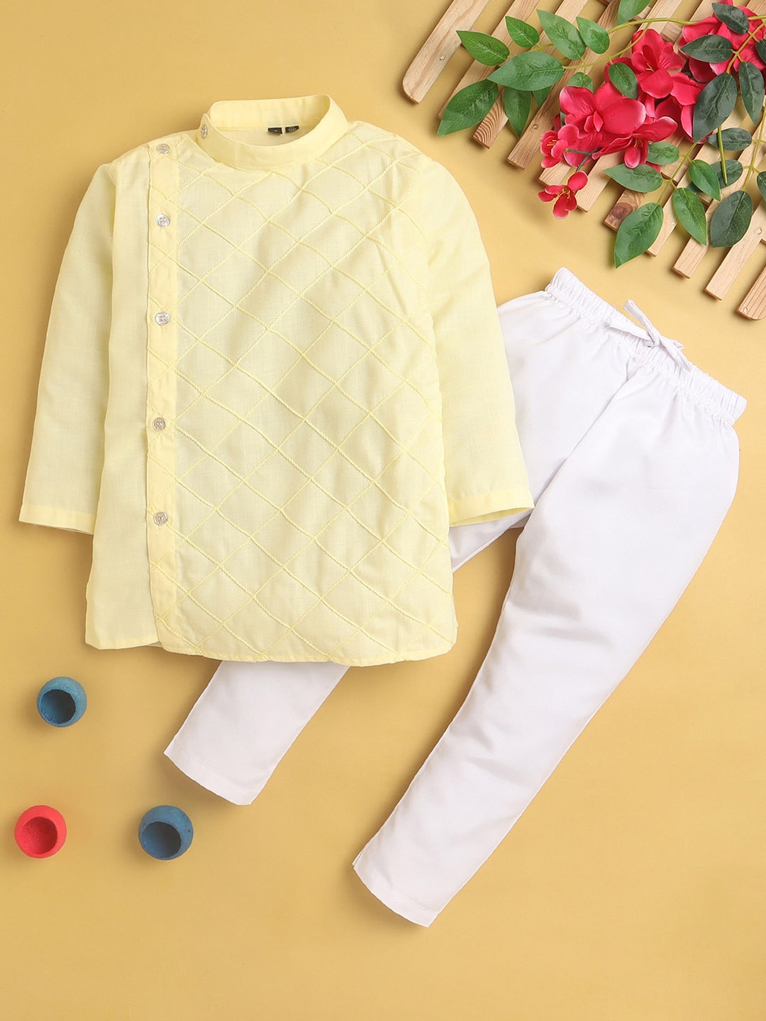 

Jeetethnics Boys Checked Band Collar Angrakha Kurta With Pyjamas, Yellow