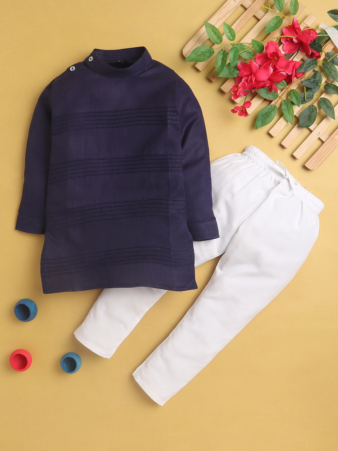 

Jeetethnics Boys Mandarin Collar Cotton & Silk Kurta with Pyjamas, Navy blue