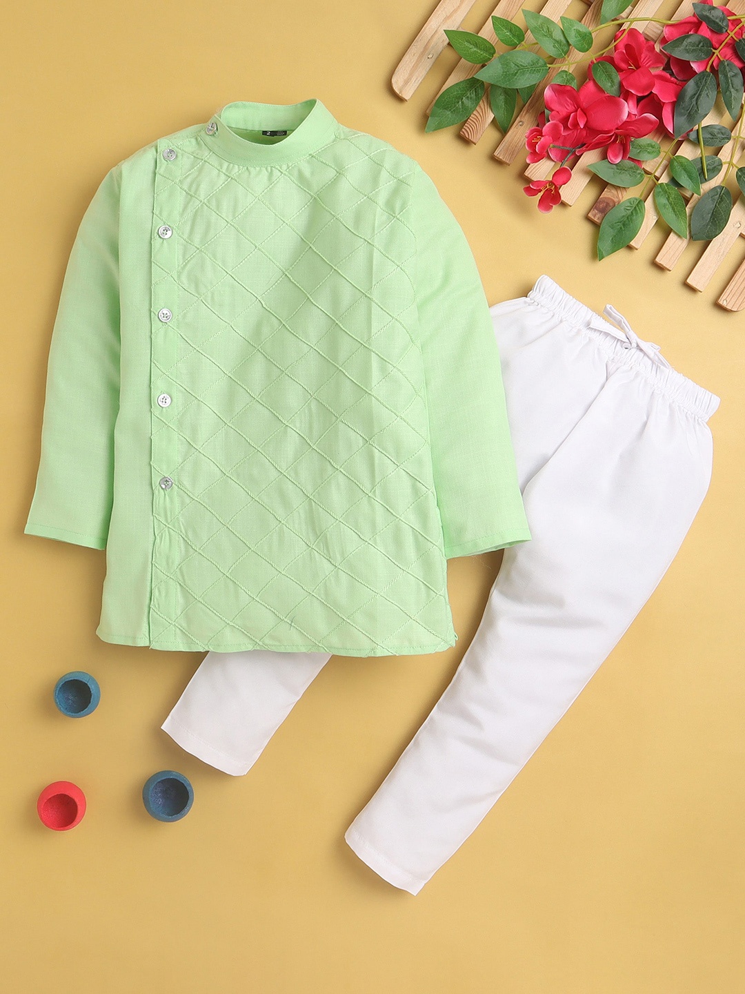 

Jeetethnics Boys Pintucks Detail Cotton Silk Angrakha Kurta With Pyjama, Green